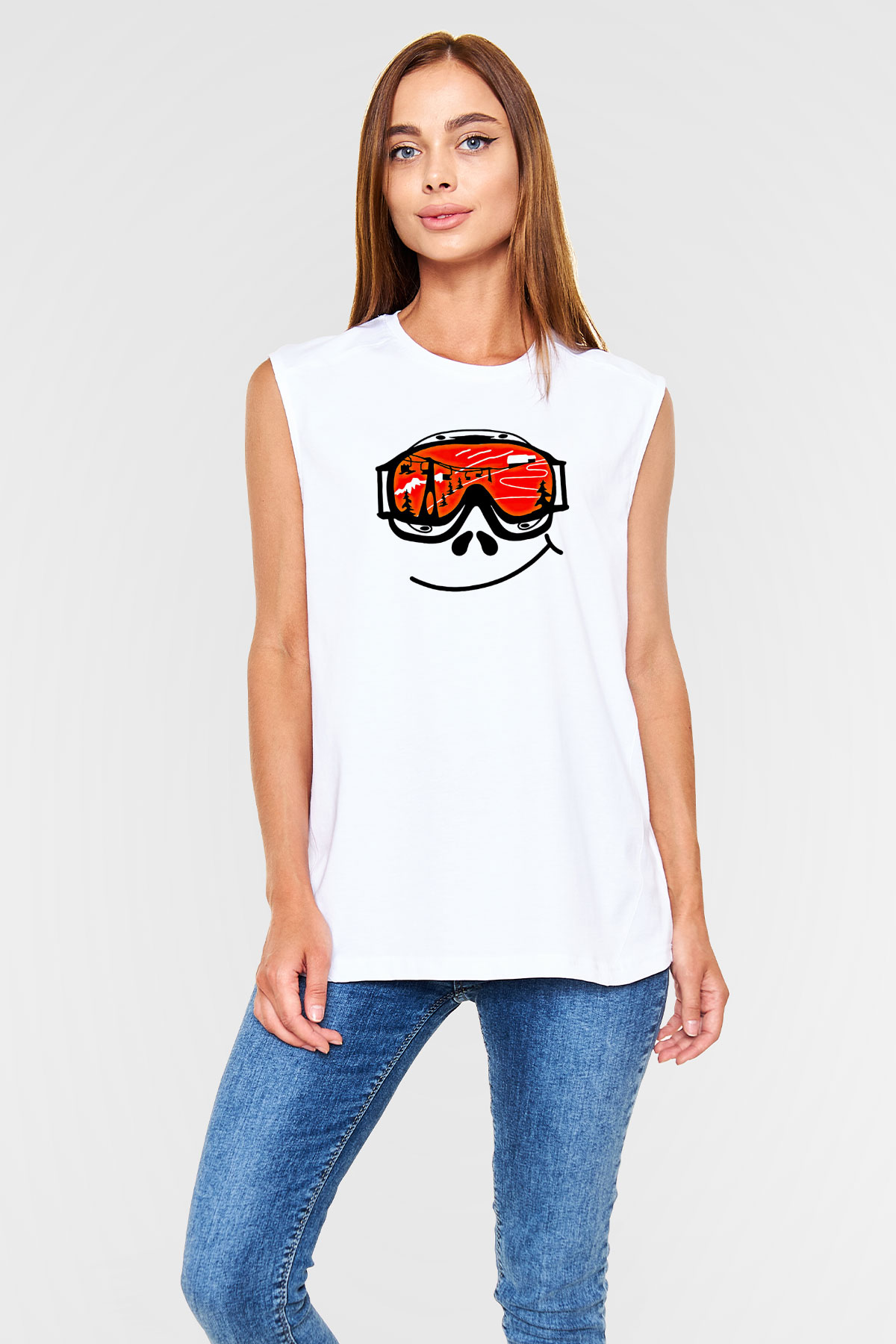 Kayak Baskılı Unisex Kolsuz Beyaz Tişört