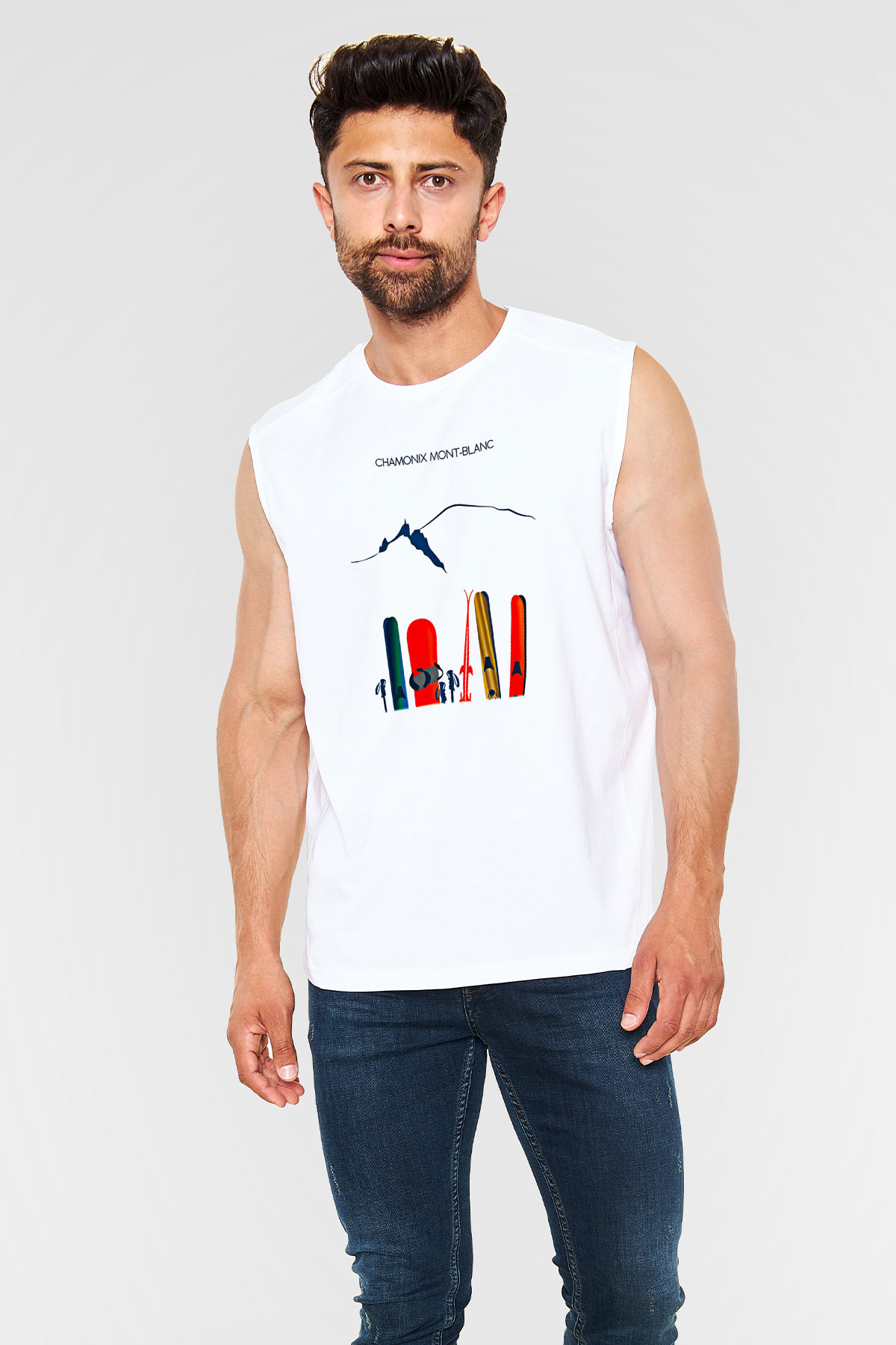Kayak Baskılı Unisex Kolsuz Beyaz Tişört