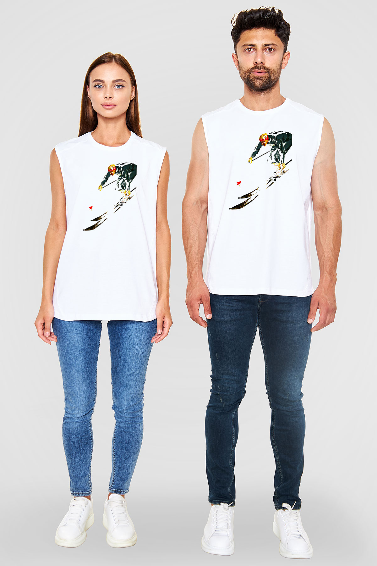 Kayak Baskılı Unisex Kolsuz Beyaz Tişört
