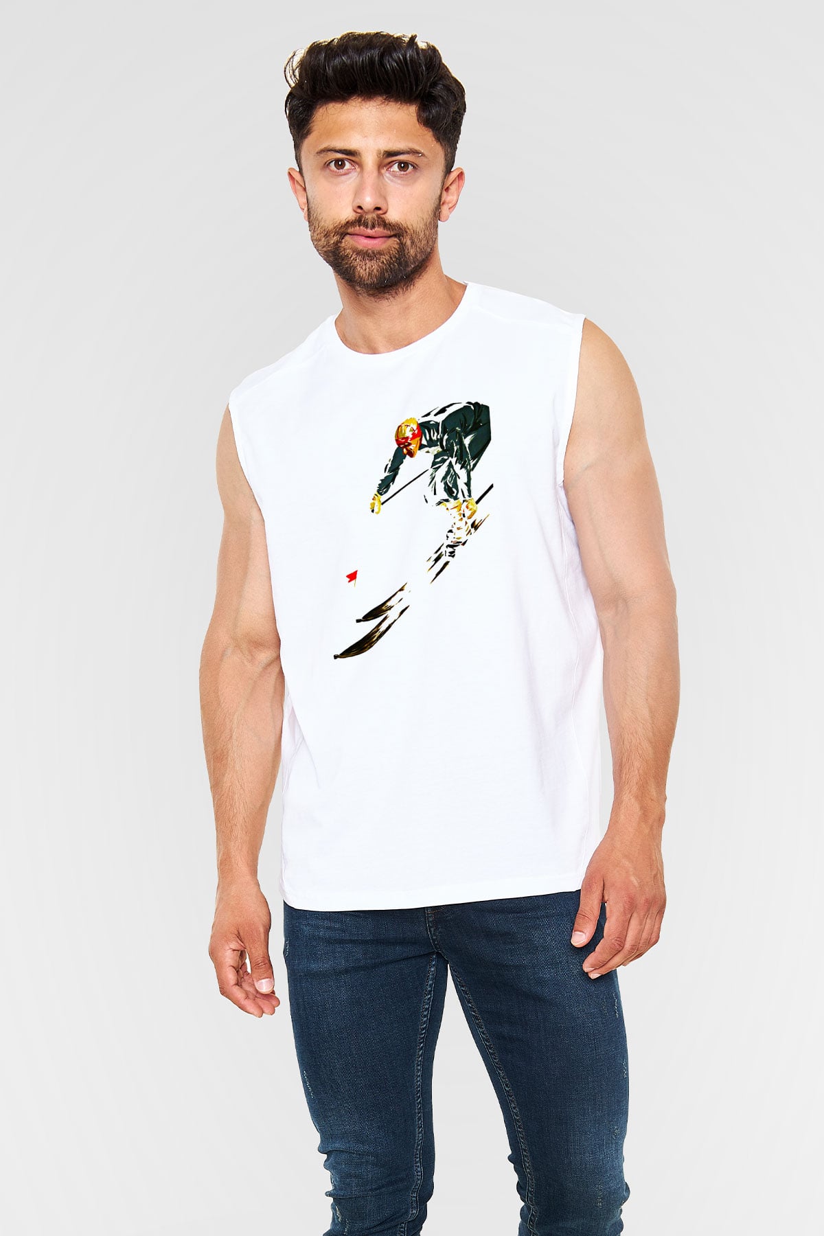 Kayak Baskılı Unisex Kolsuz Beyaz Tişört