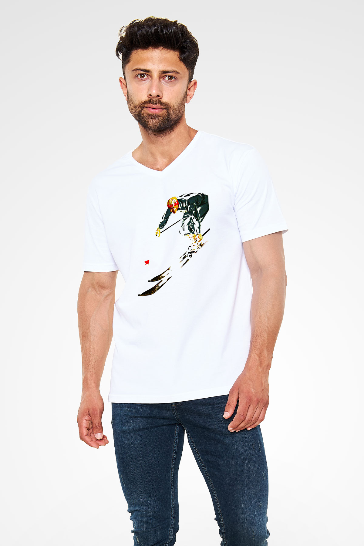 Kayak Baskılı Unisex V Yaka Tişört - Tshirt