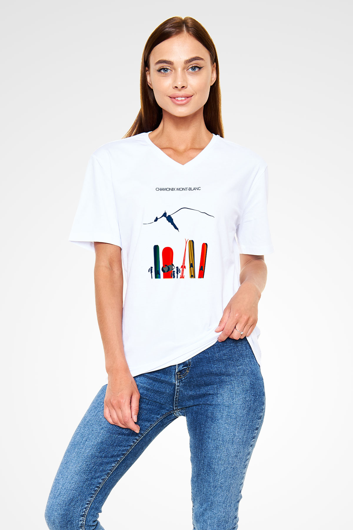 Kayak Baskılı Unisex V Yaka Tişört - Tshirt