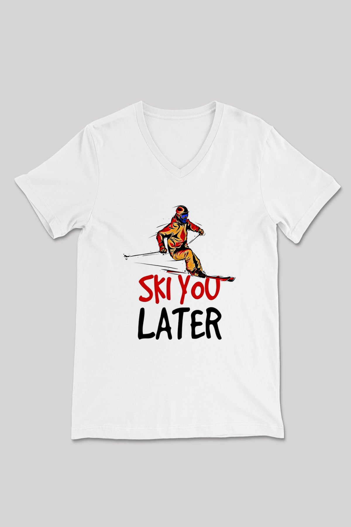 Kayak Baskılı Unisex V Yaka Tişört - Tshirt