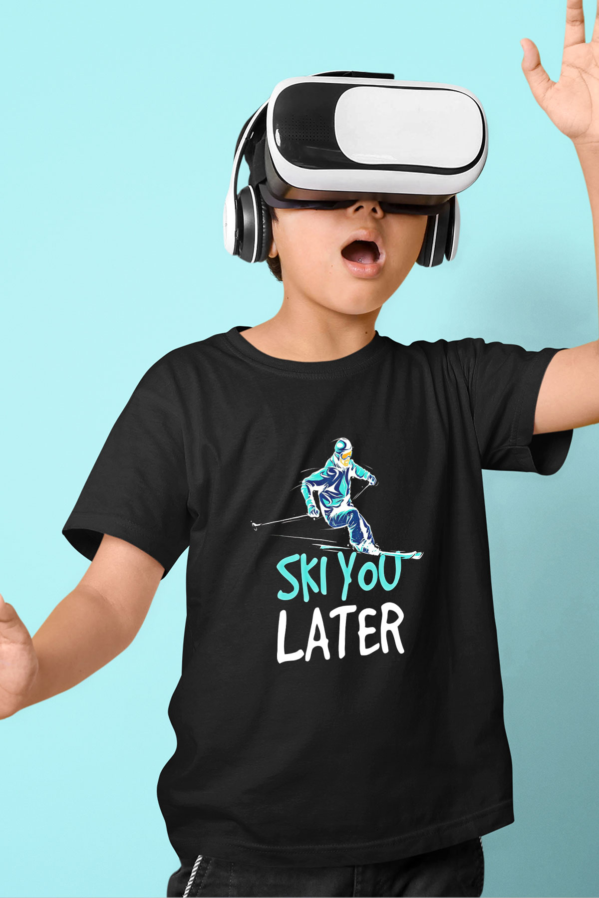 Kayak - Ski Baskılı Unisex Siyah Çocuk Tİşörtü - Tshirt