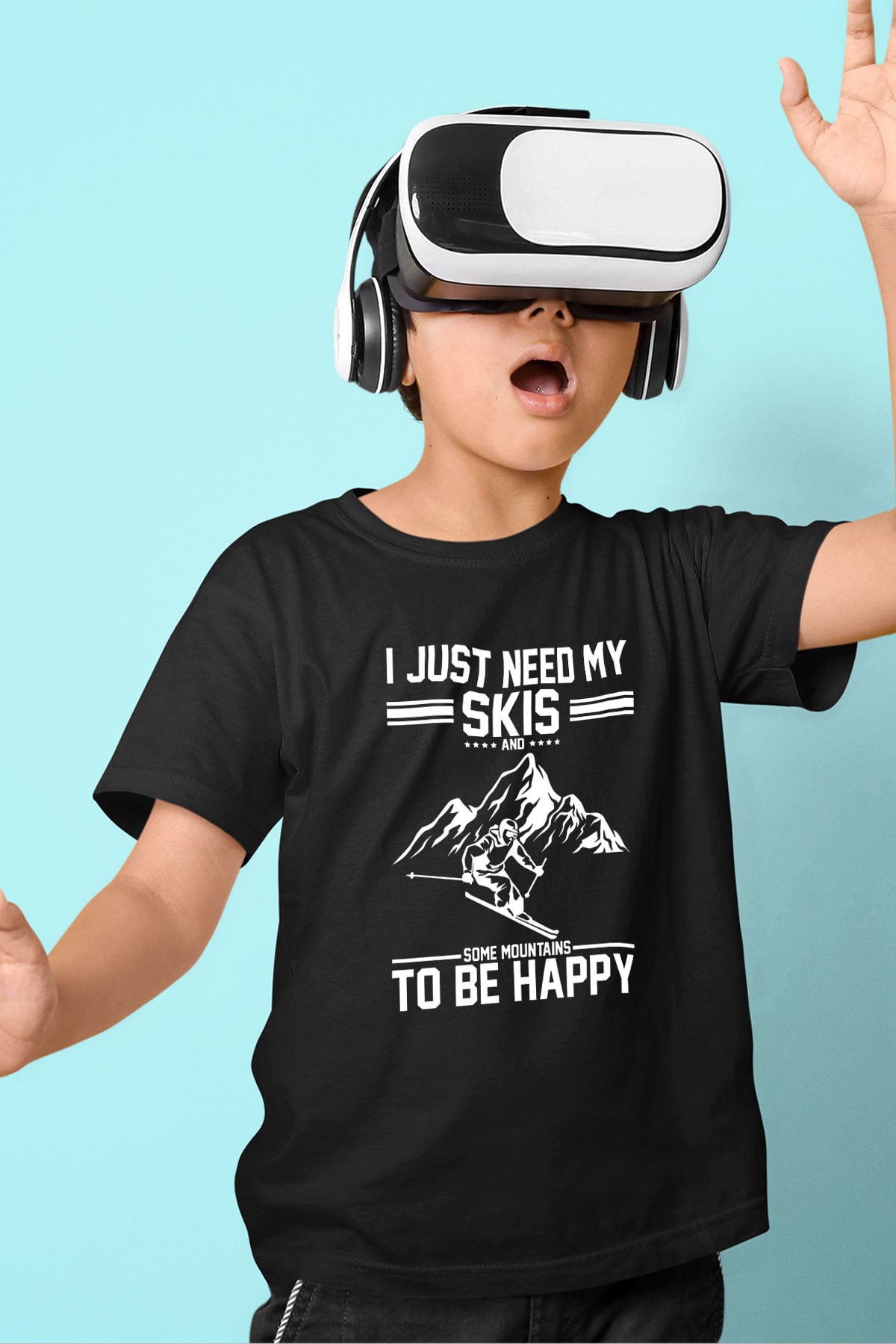 Kayak - Ski Baskılı Unisex Siyah Çocuk Tİşörtü - Tshirt