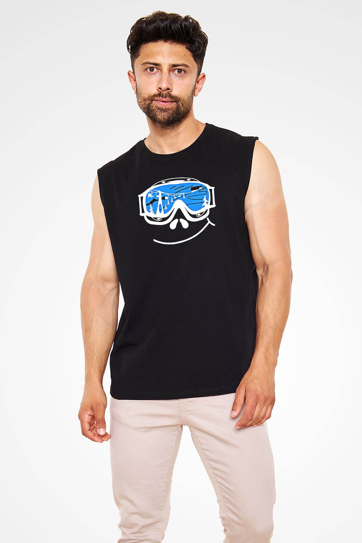 Kayak - Ski Baskılı Unisex Siyah Kolsuz Tişört