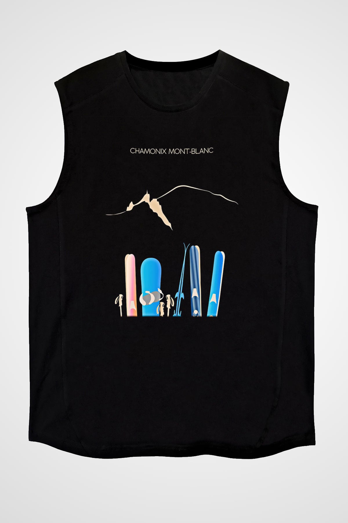 Kayak - Ski Baskılı Unisex Siyah Kolsuz Tişört