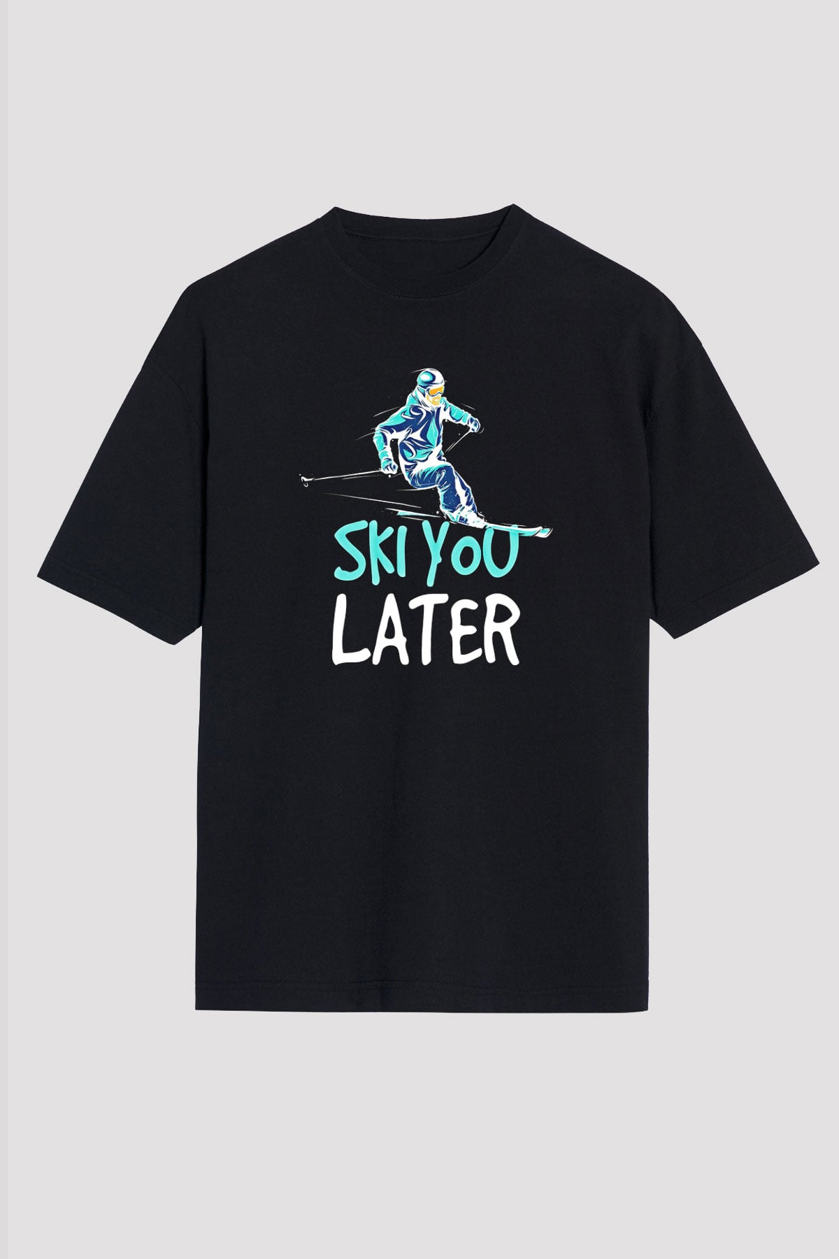Kayak - Ski Baskılı Unisex Siyah Oversize Tişört