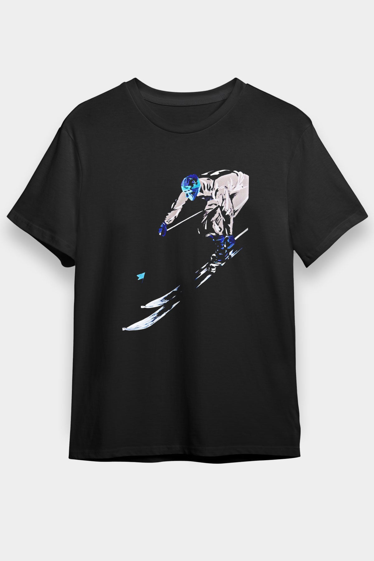 Kayak - Ski Baskılı Unisex Siyah Tişört - Tshirt