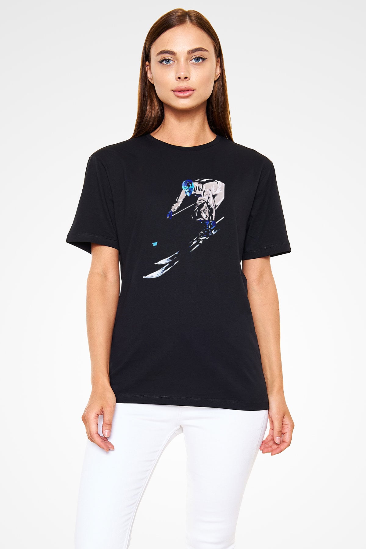 Kayak - Ski Baskılı Unisex Siyah Tişört - Tshirt
