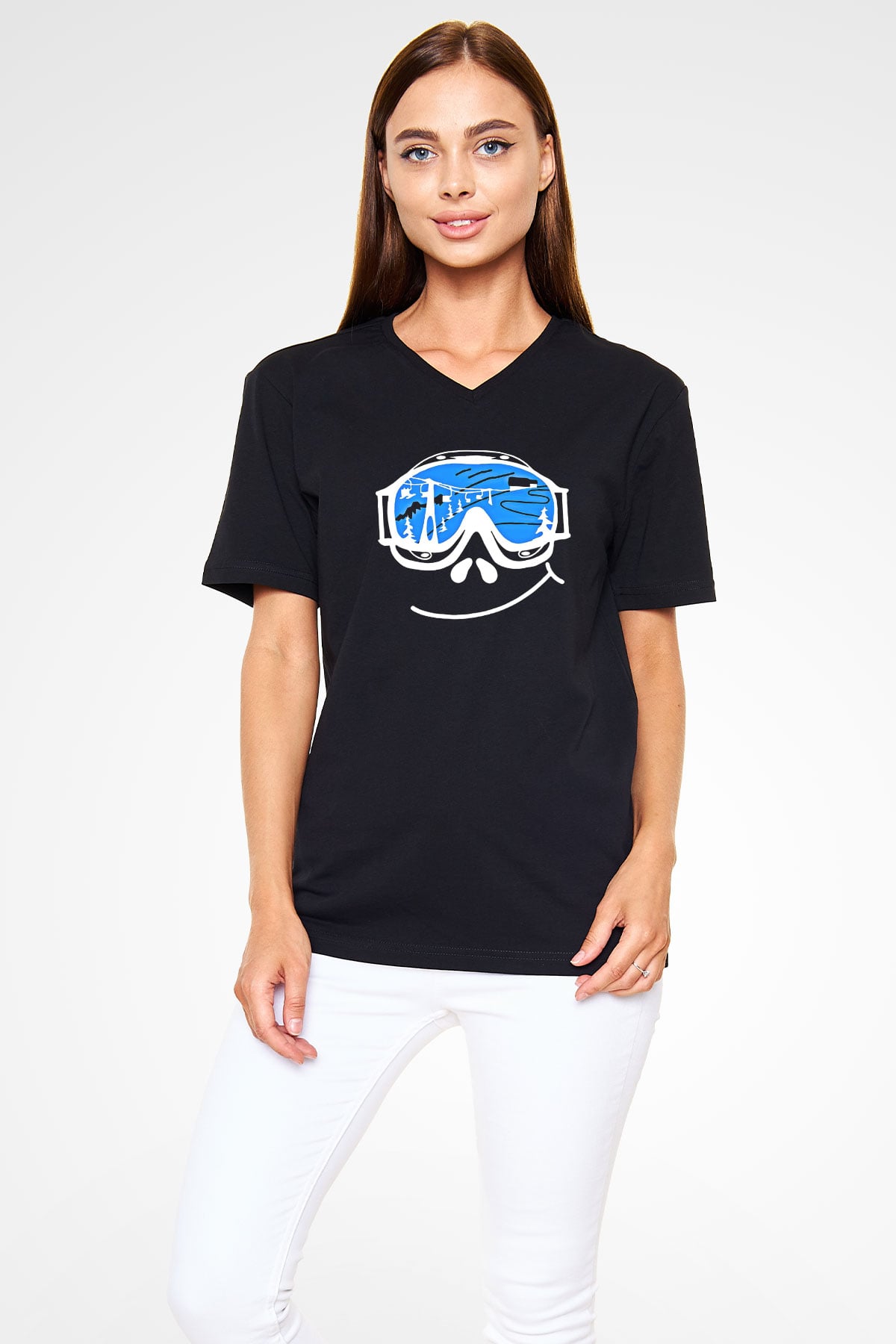 Kayak - Ski Baskılı Unisex Siyah V Yaka Tişört