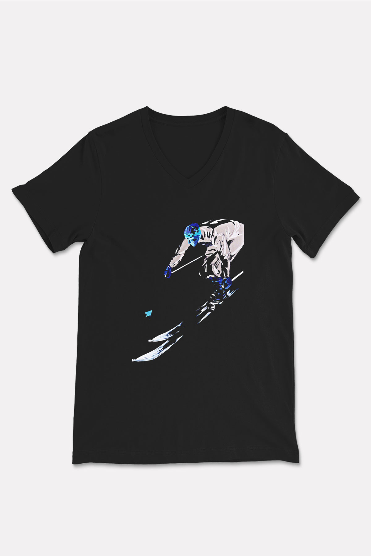 Kayak - Ski Baskılı Unisex Siyah V Yaka Tişört