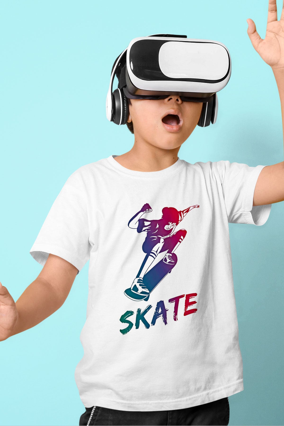 Kaykay Baskılı Unisex Beyaz Çocuk Tişört - Tshirt