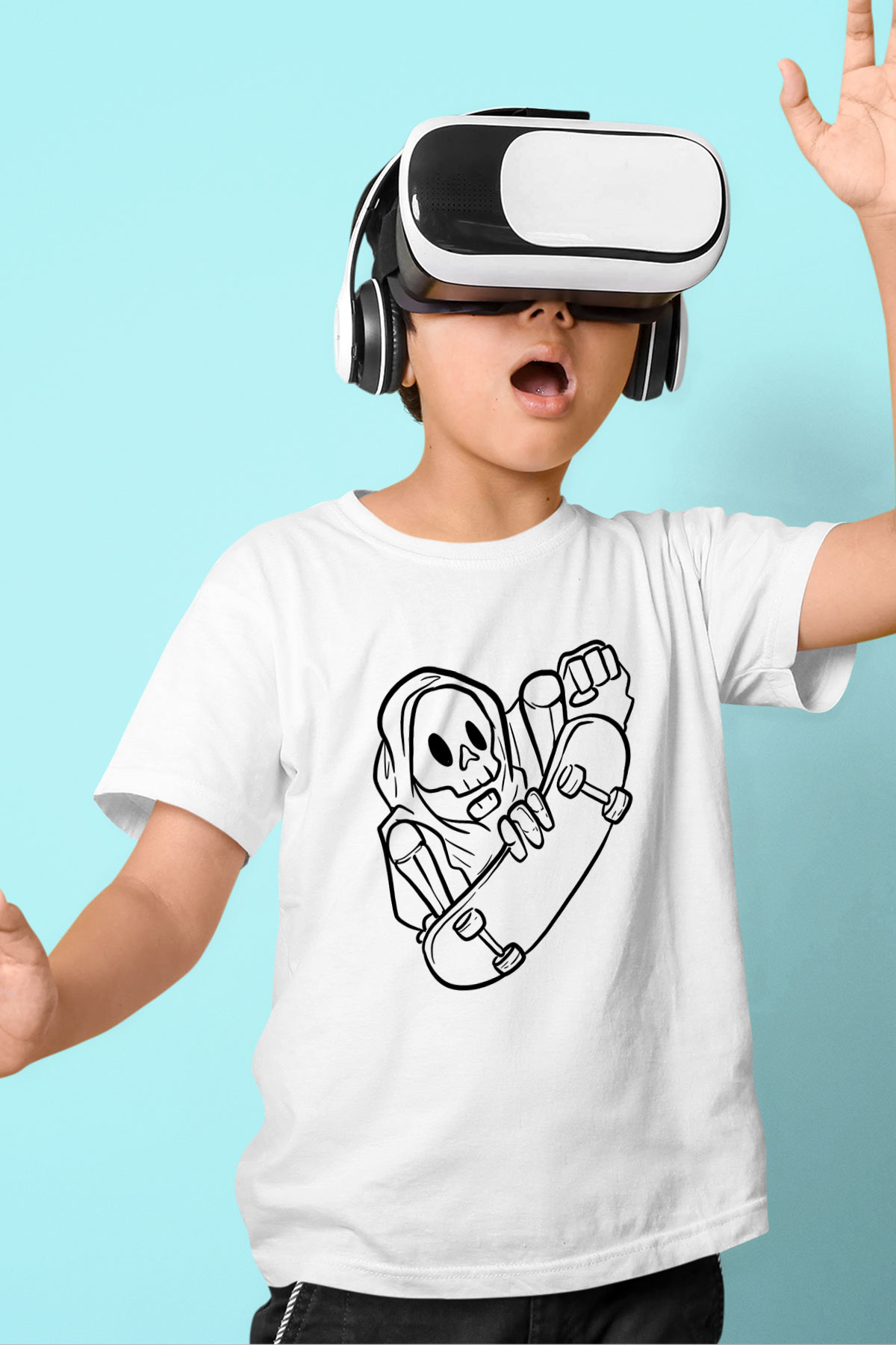 Kaykay Baskılı Unisex Beyaz Çocuk Tişört - Tshirt