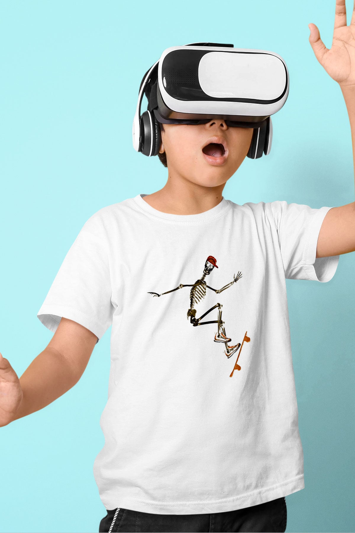 Kaykay Baskılı Unisex Beyaz Çocuk Tişört - Tshirt