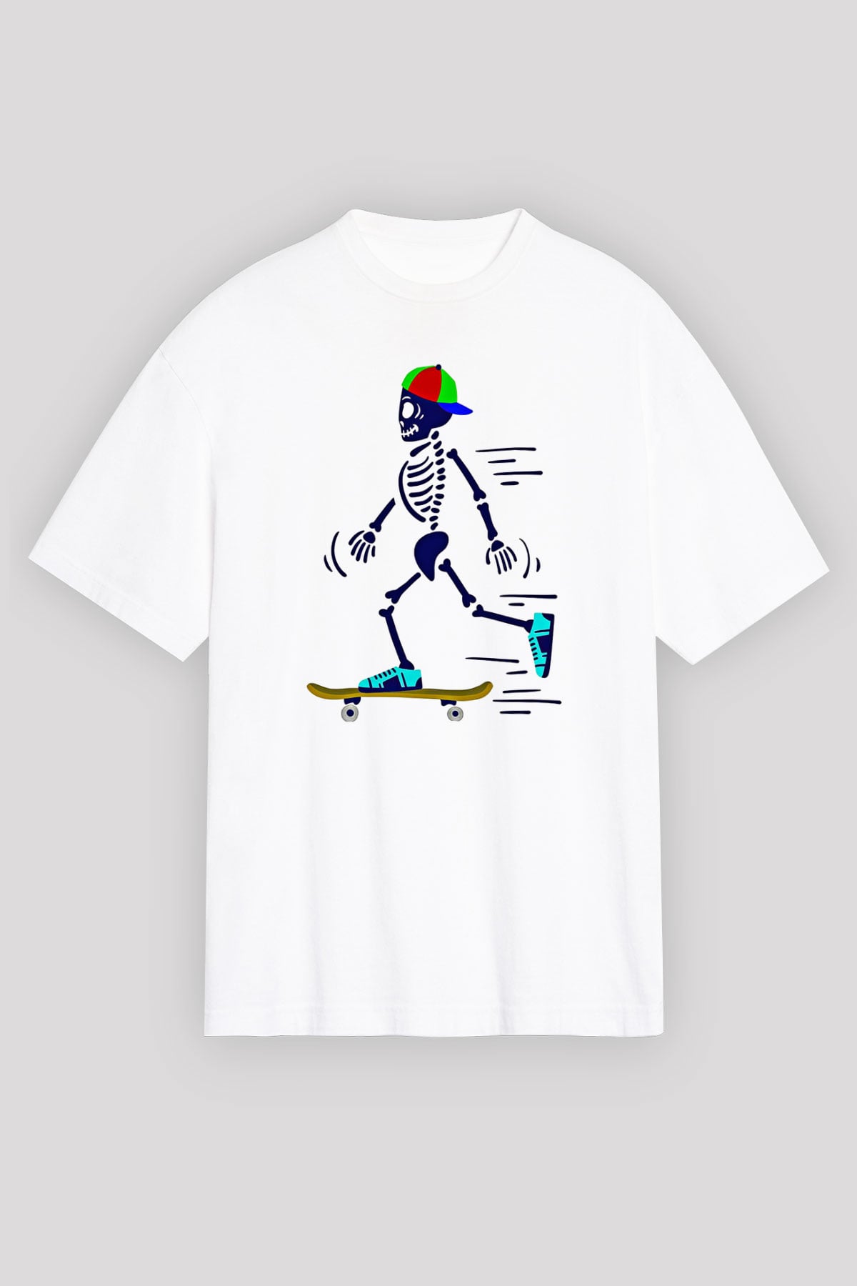 Kaykay Baskılı Unisex Beyaz Oversize Tişört - Tshirt