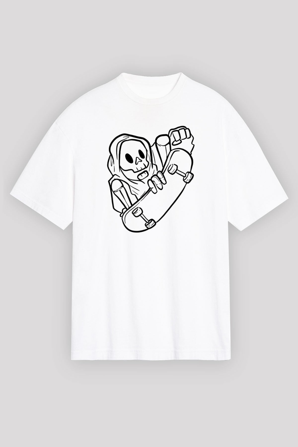 Kaykay Baskılı Unisex Beyaz Oversize Tişört - Tshirt