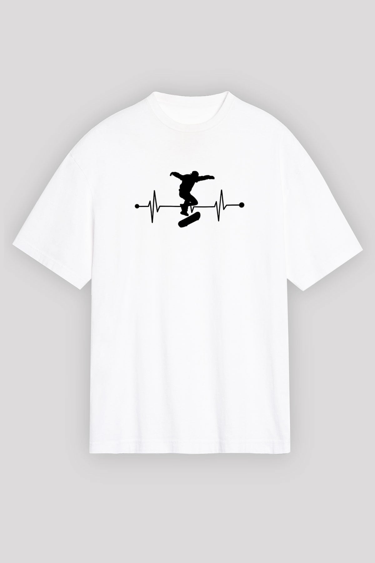 Kaykay Baskılı Unisex Beyaz Oversize Tişört - Tshirt