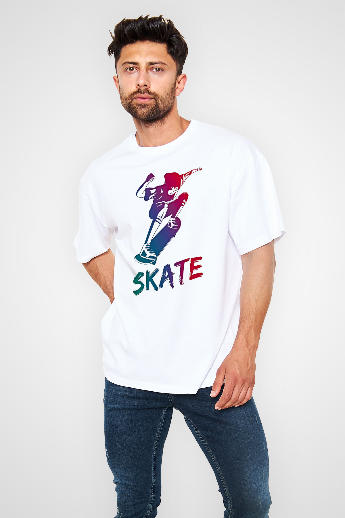 Kaykay Baskılı Unisex Beyaz Oversize Tişört - Tshirt