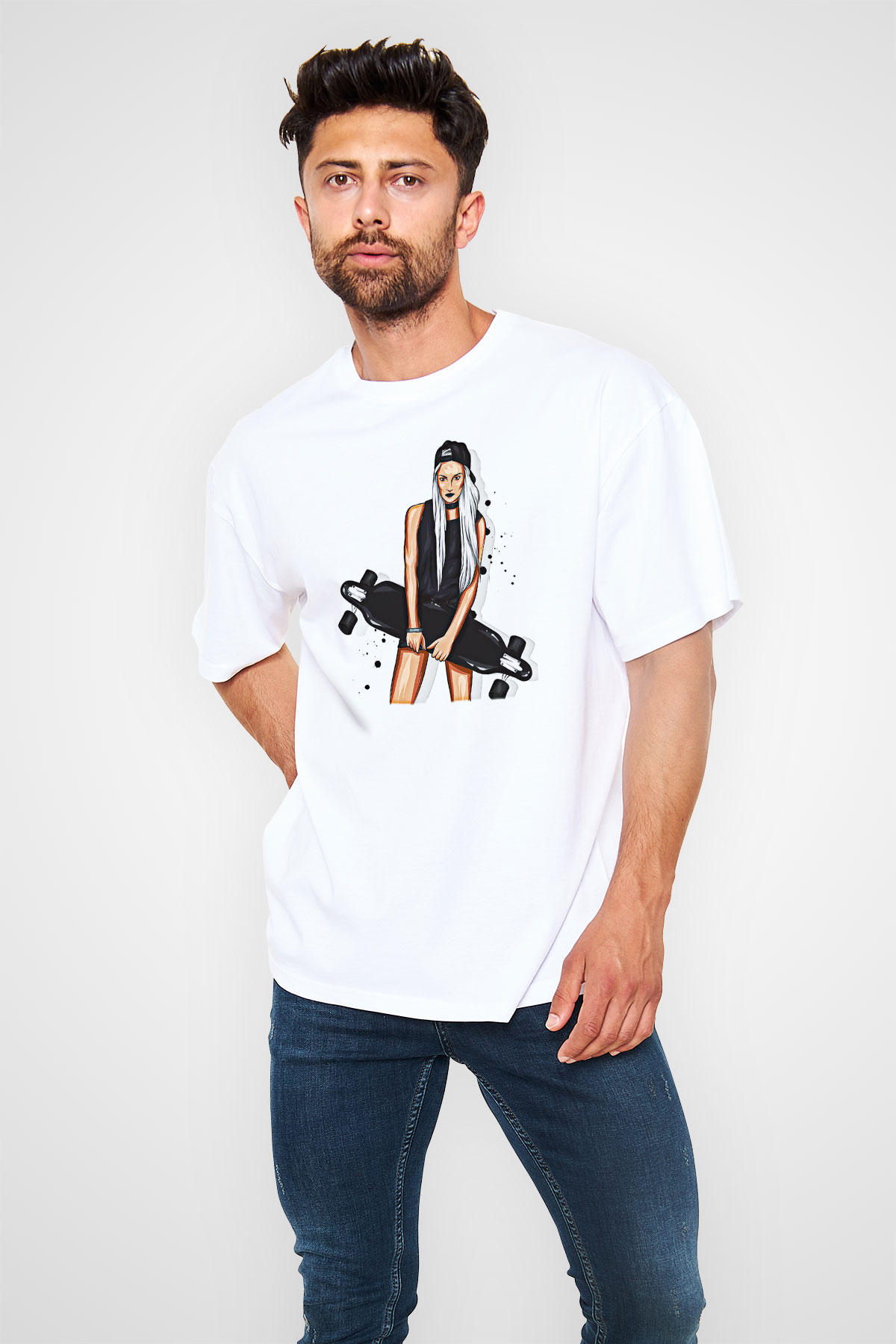 Kaykay Baskılı Unisex Beyaz Oversize Tişört - Tshirt