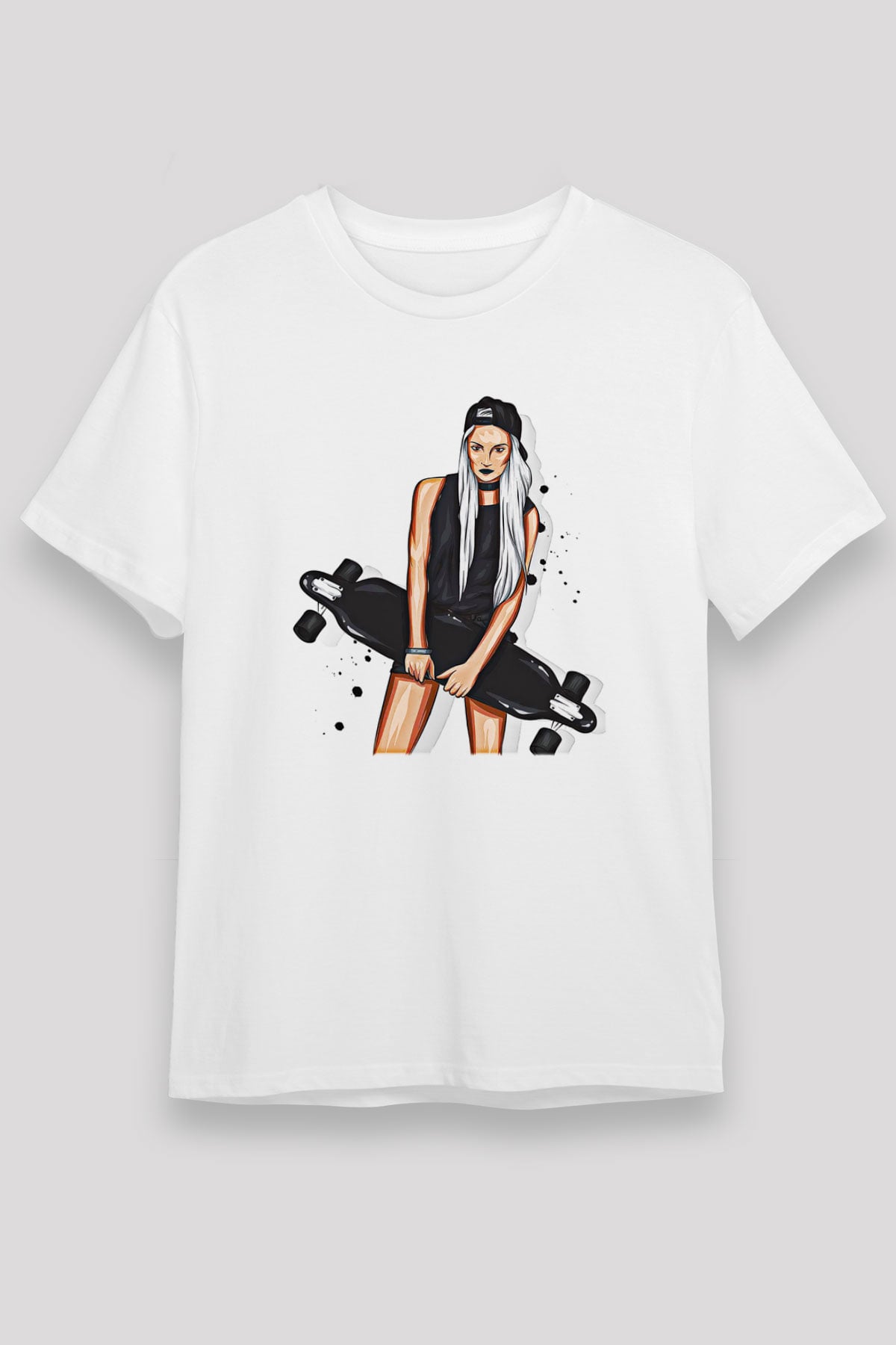Kaykay Baskılı Unisex Beyaz Tişört - Tshirt