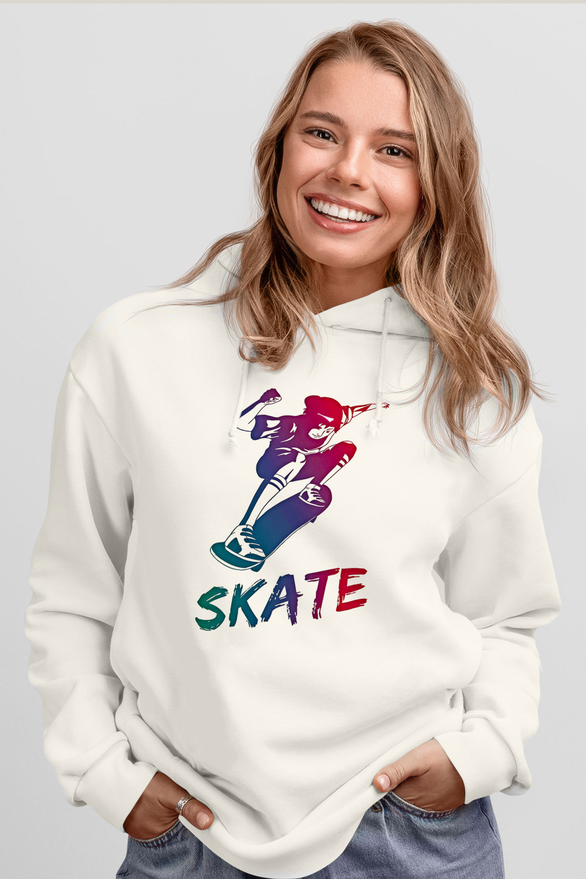 Kaykay Baskılı Unisex Ekru Hoodie