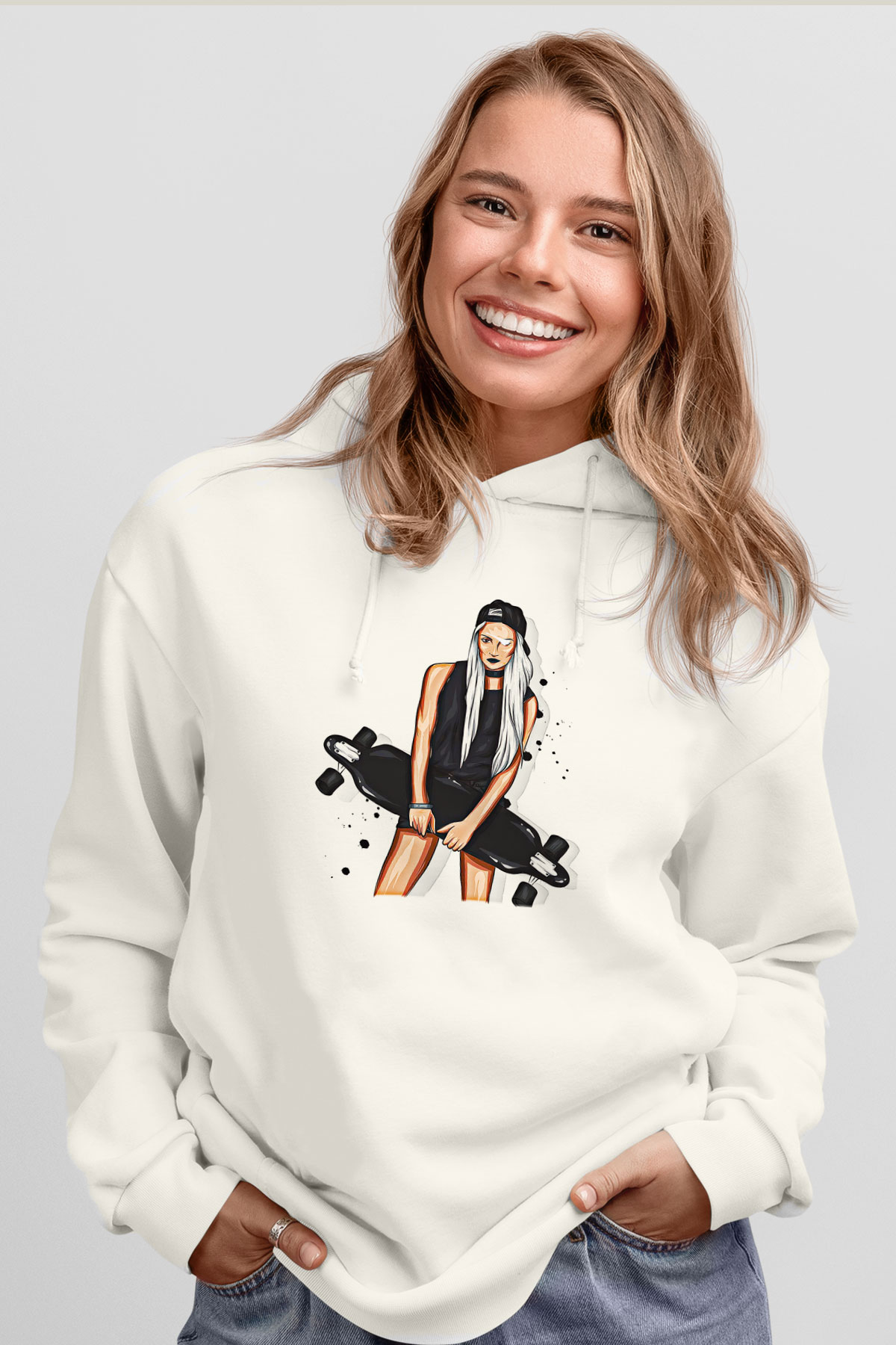 Kaykay Baskılı Unisex Ekru Hoodie