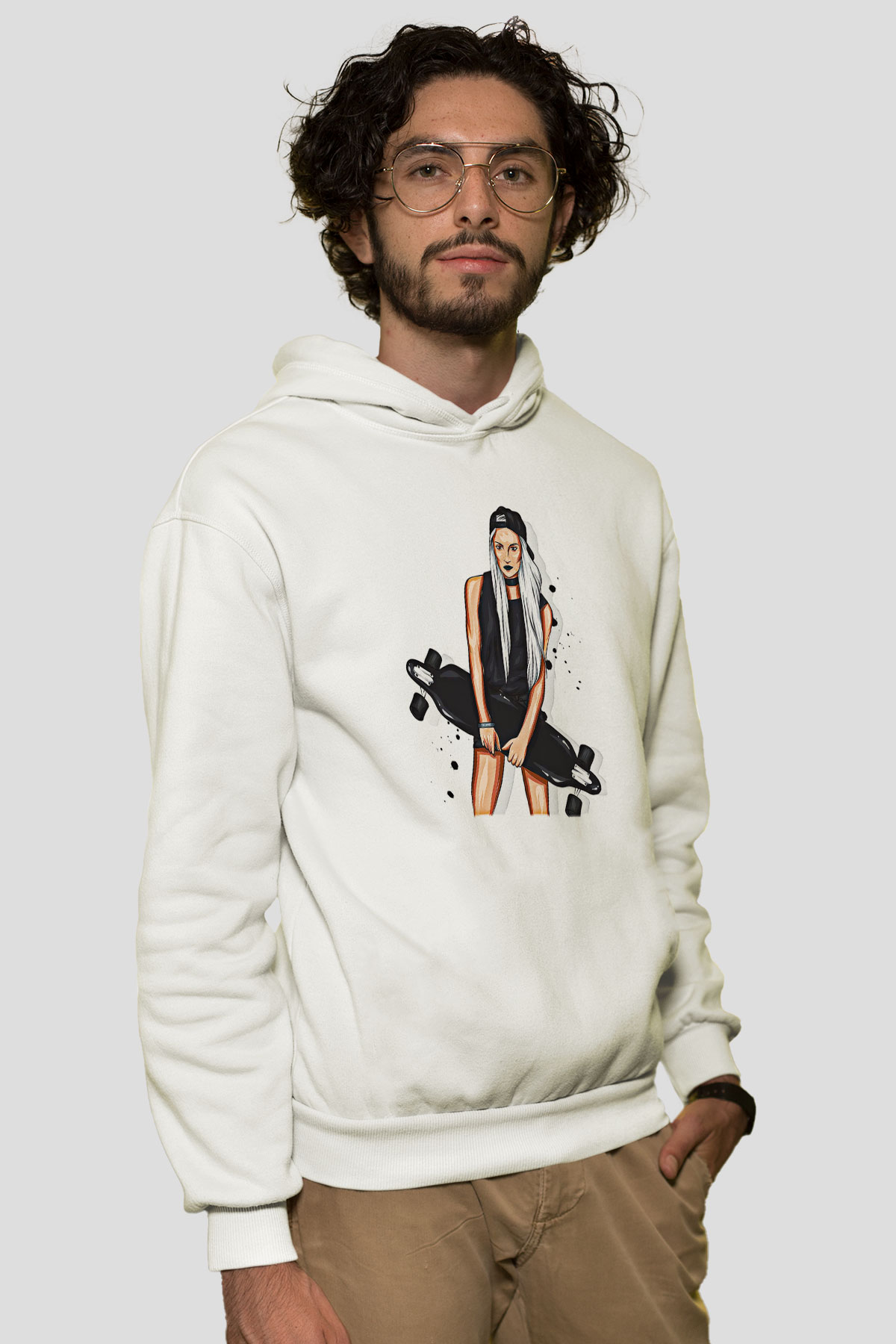 Kaykay Baskılı Unisex Ekru Hoodie