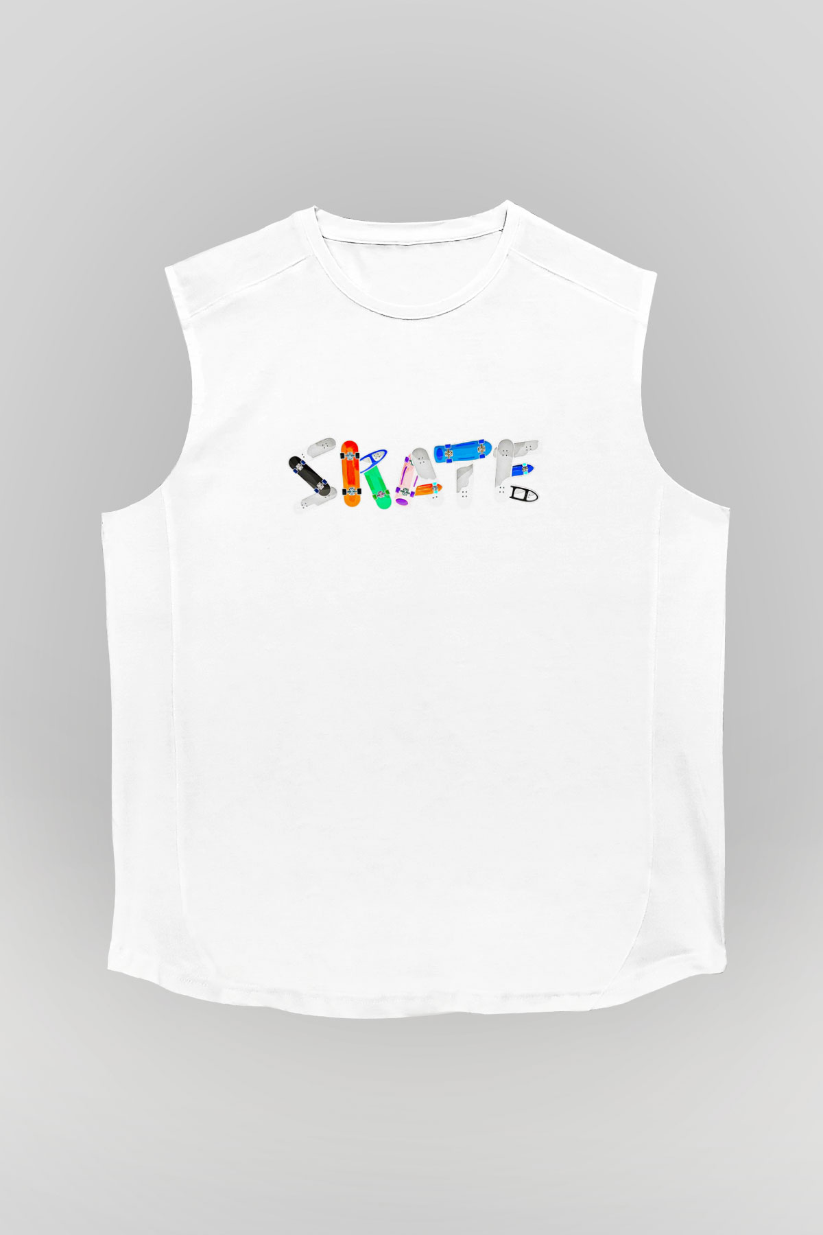 Kaykay Baskılı Unisex Kolsuz Beyaz Tişört