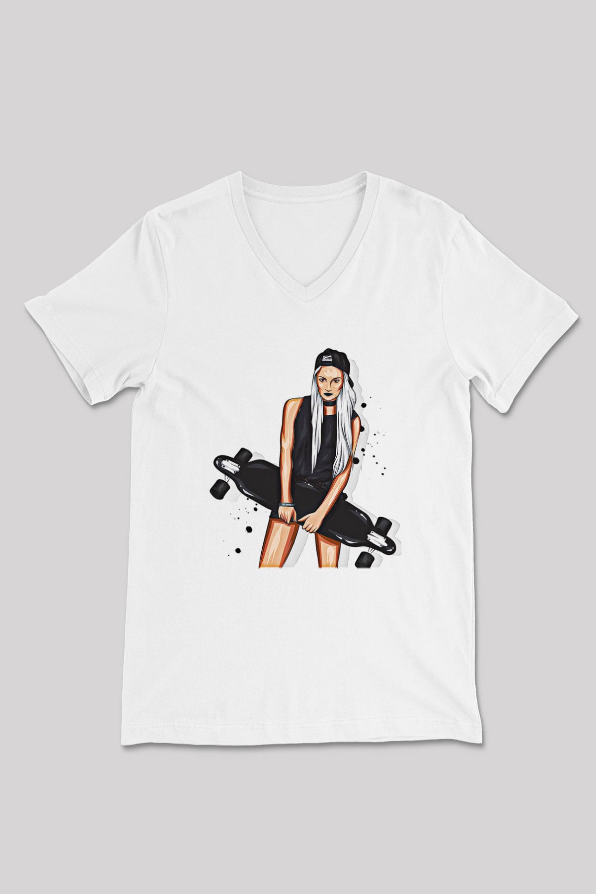 Kaykay Baskılı Unisex V Yaka Tişört - Tshirt