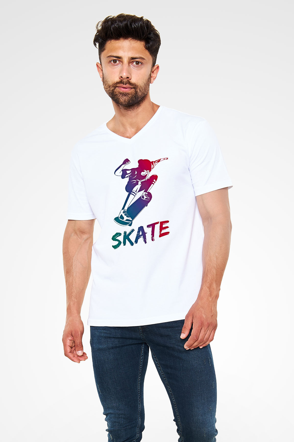 Kaykay Baskılı Unisex V Yaka Tişört - Tshirt