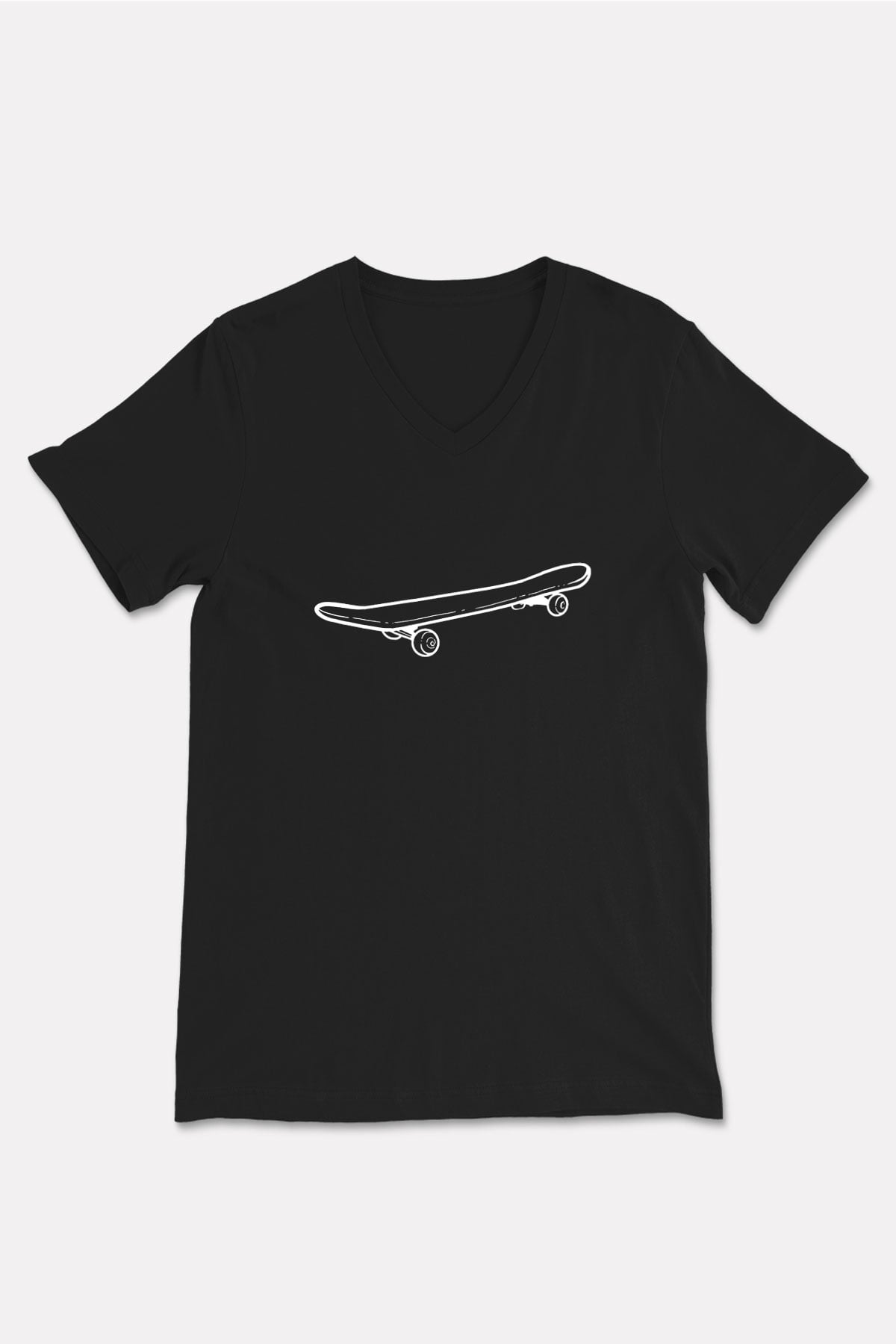 Kaykay - Skateboard Baskılı Unisex Siyah V Yaka Tişört