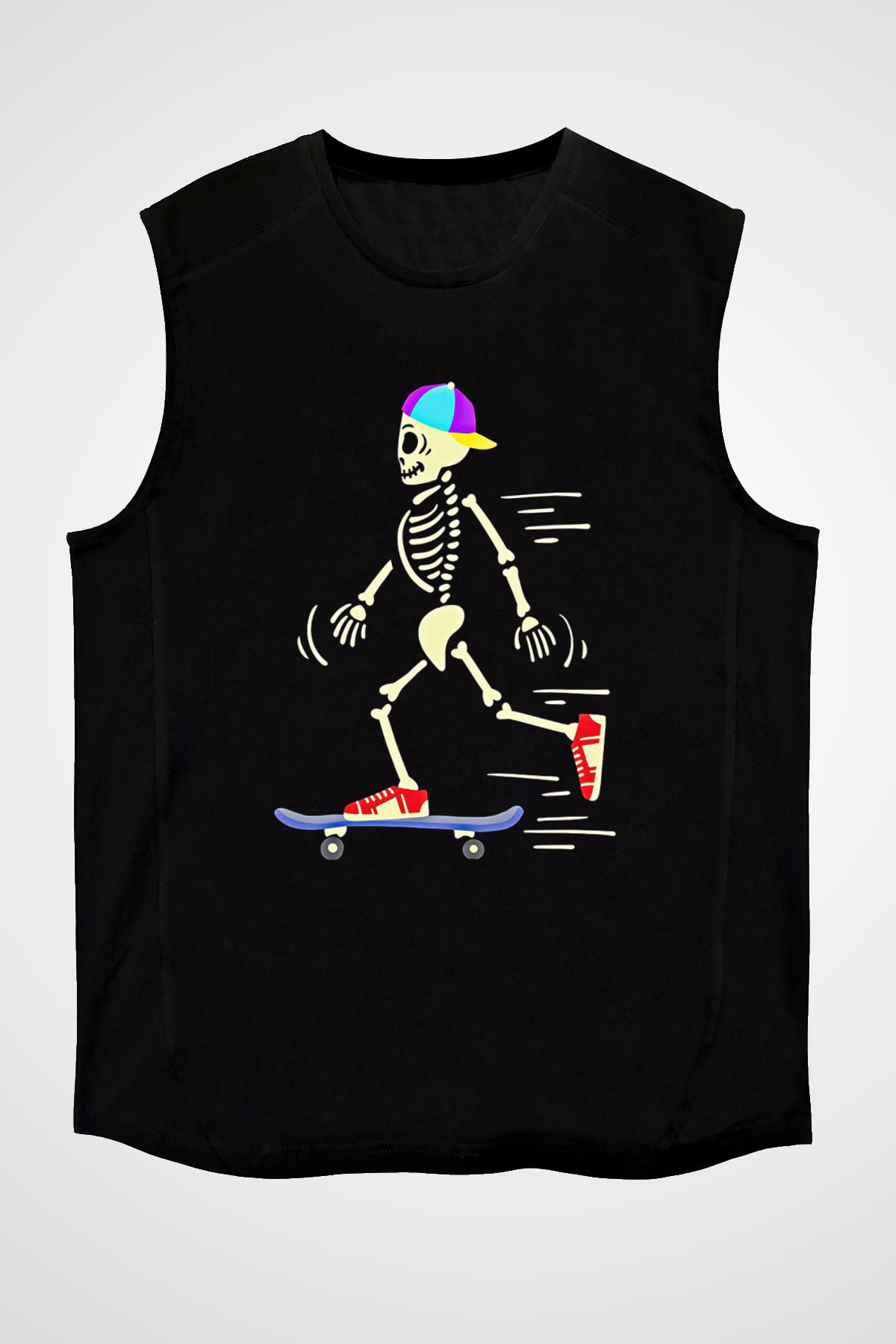 Kaykay - Skateboard Baskılı Unisex Siyah Kolsuz Tişört