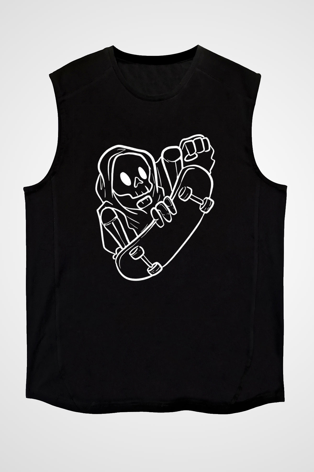 Kaykay - Skateboard Baskılı Unisex Siyah Kolsuz Tişört