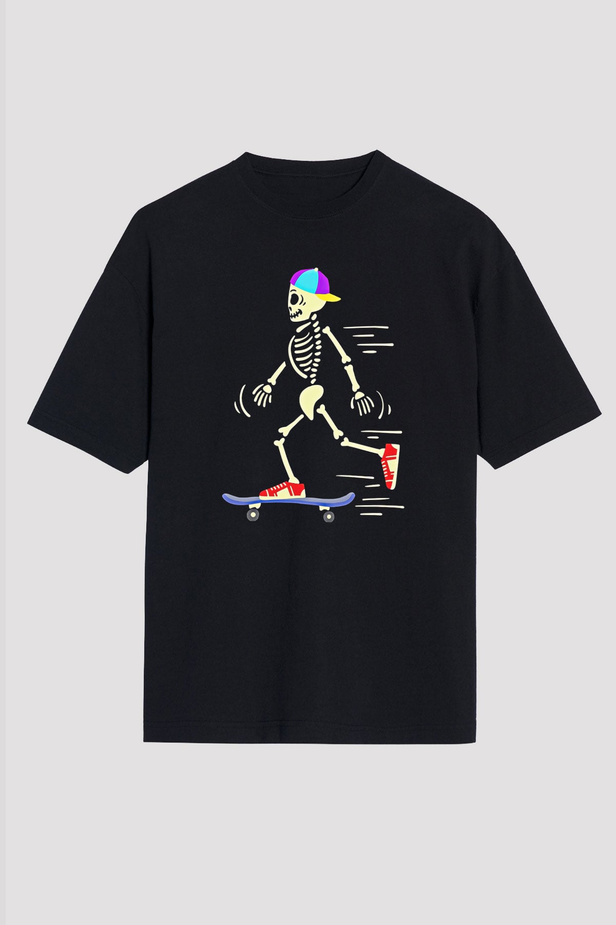 Kaykay - Skateboard Baskılı Unisex Siyah Oversize Tişört