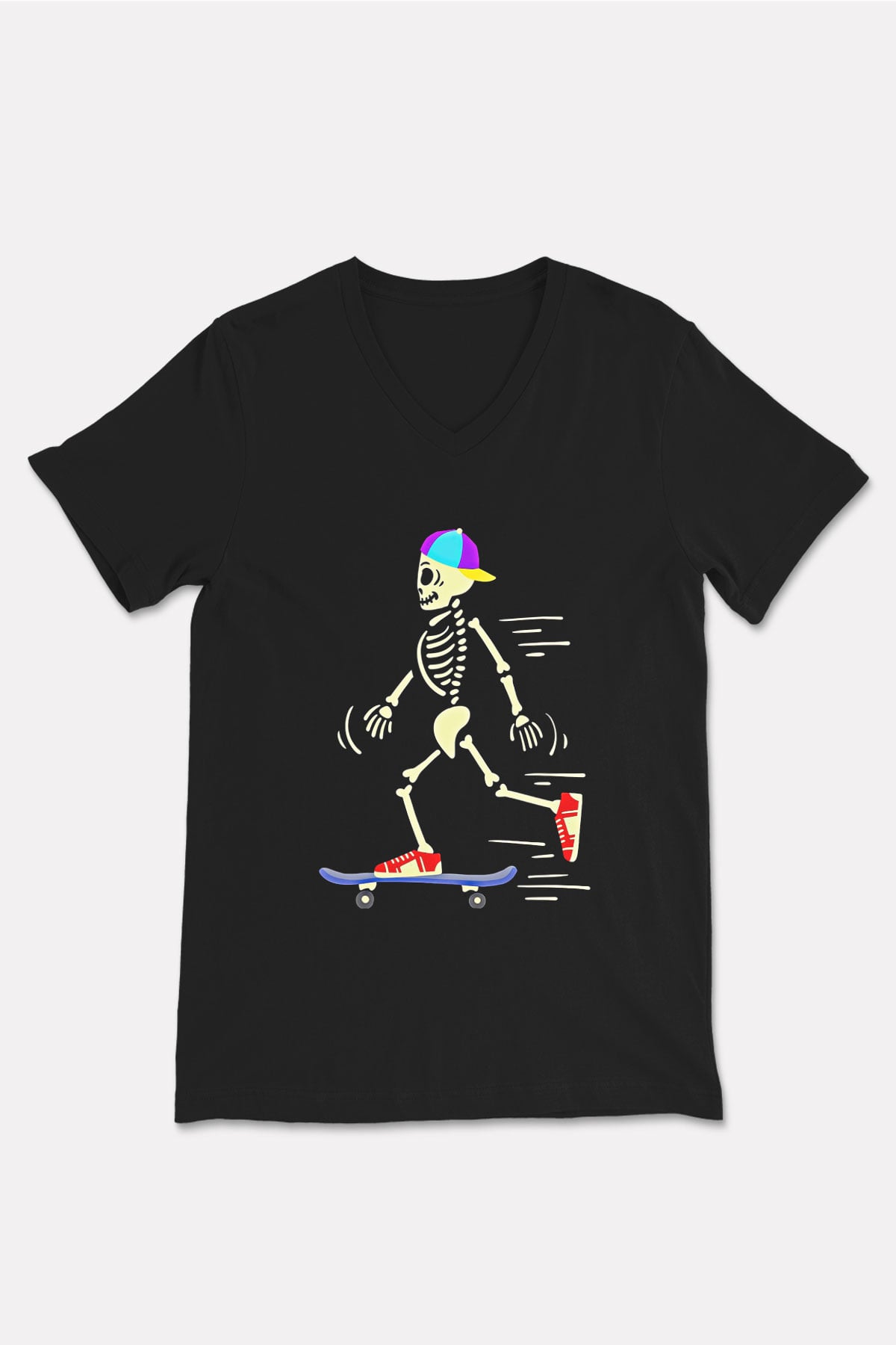 Kaykay - Skateboard Baskılı Unisex Siyah V Yaka Tişört