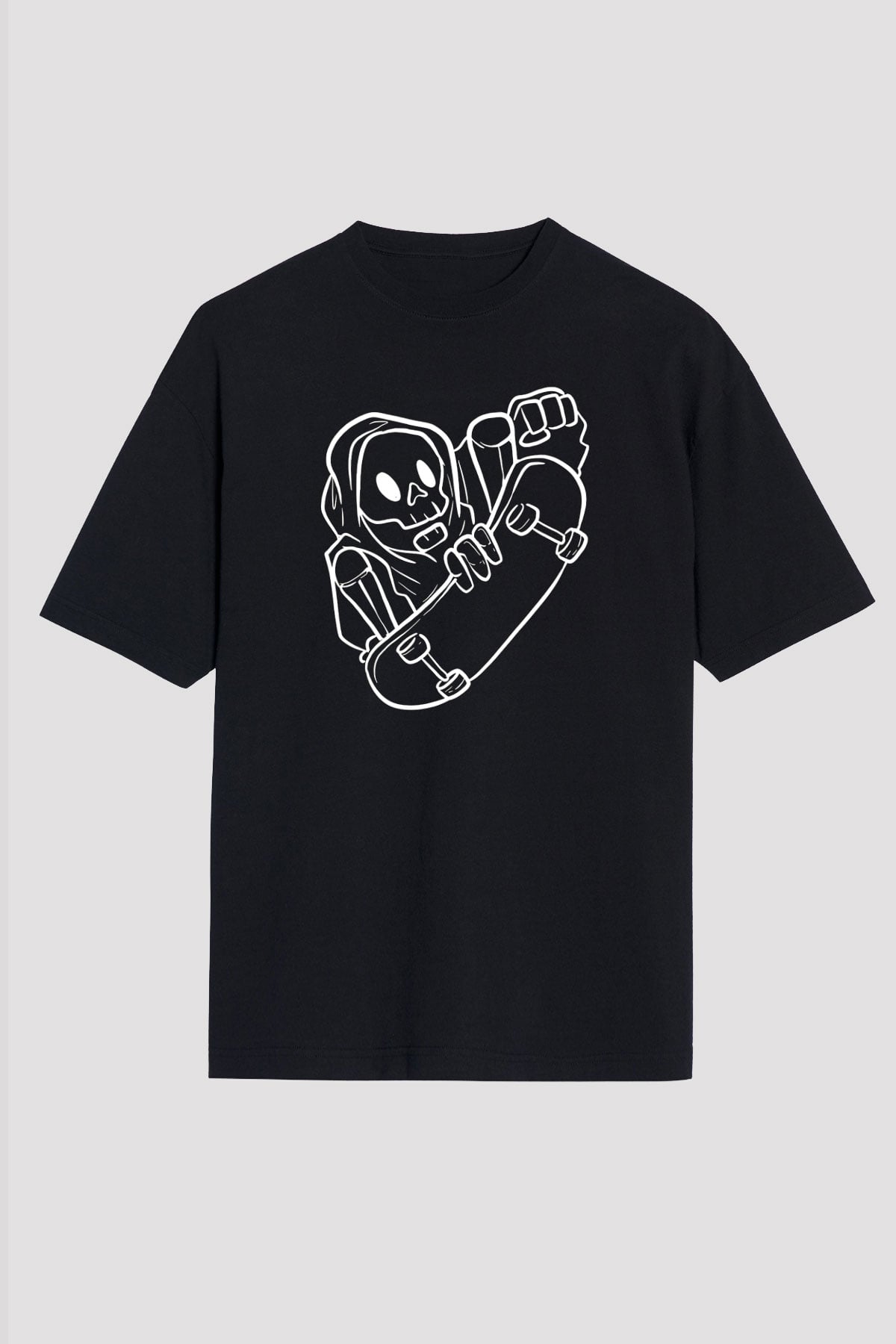 Kaykay - Skateboard Baskılı Unisex Siyah Oversize Tişört