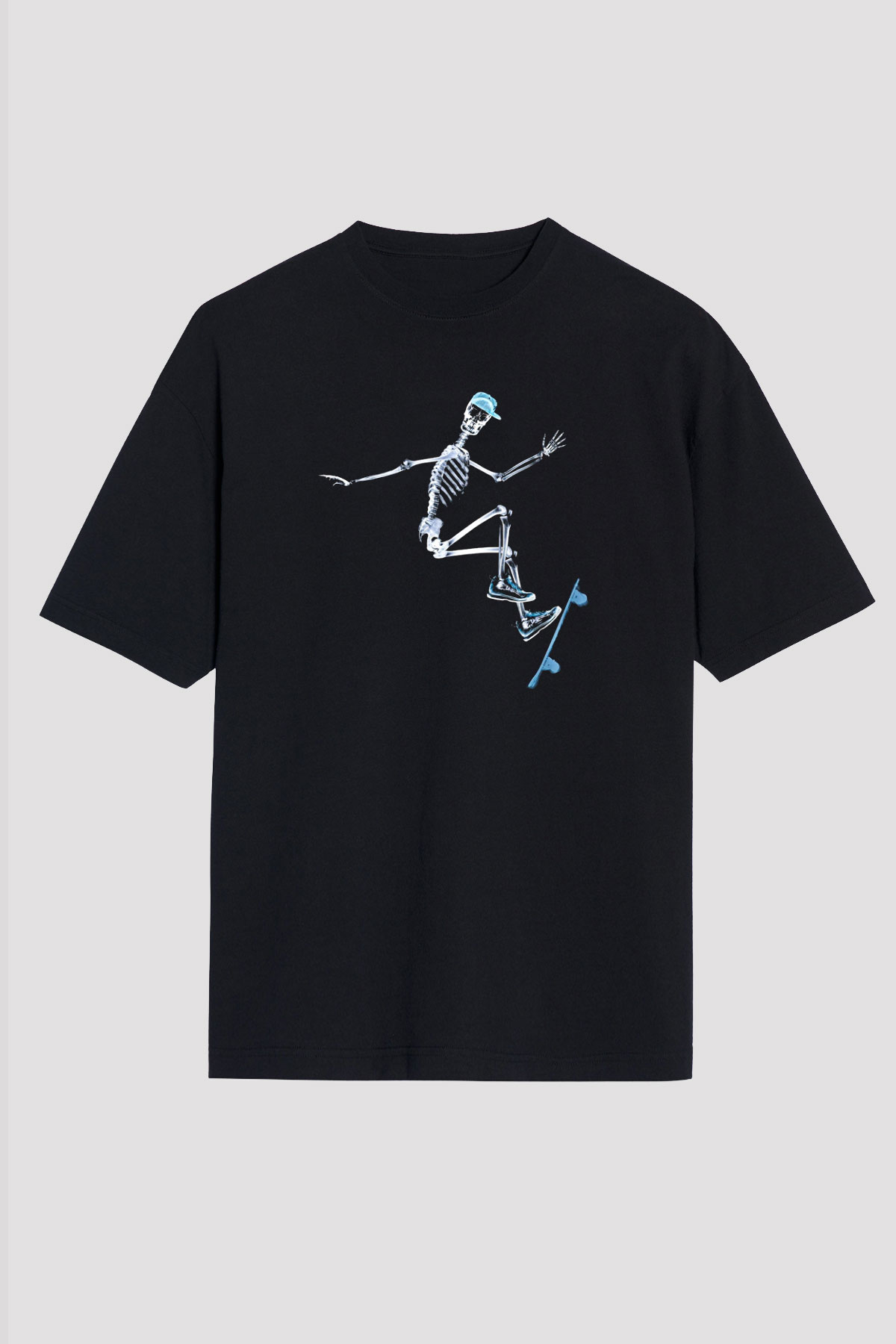 Kaykay - Skateboard Baskılı Unisex Siyah Oversize Tişört