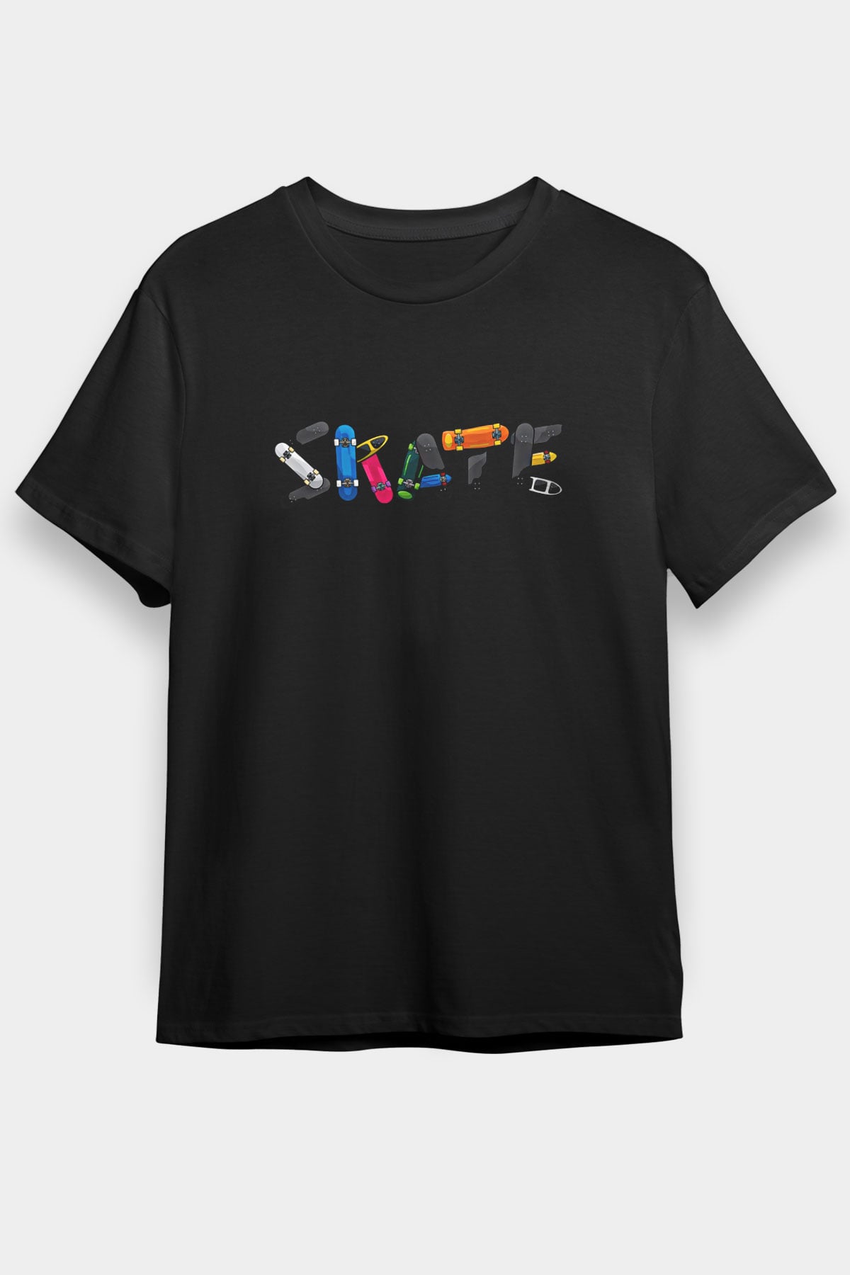 Kaykay - Skateboard Baskılı Unisex Siyah Tişört - Tshirt