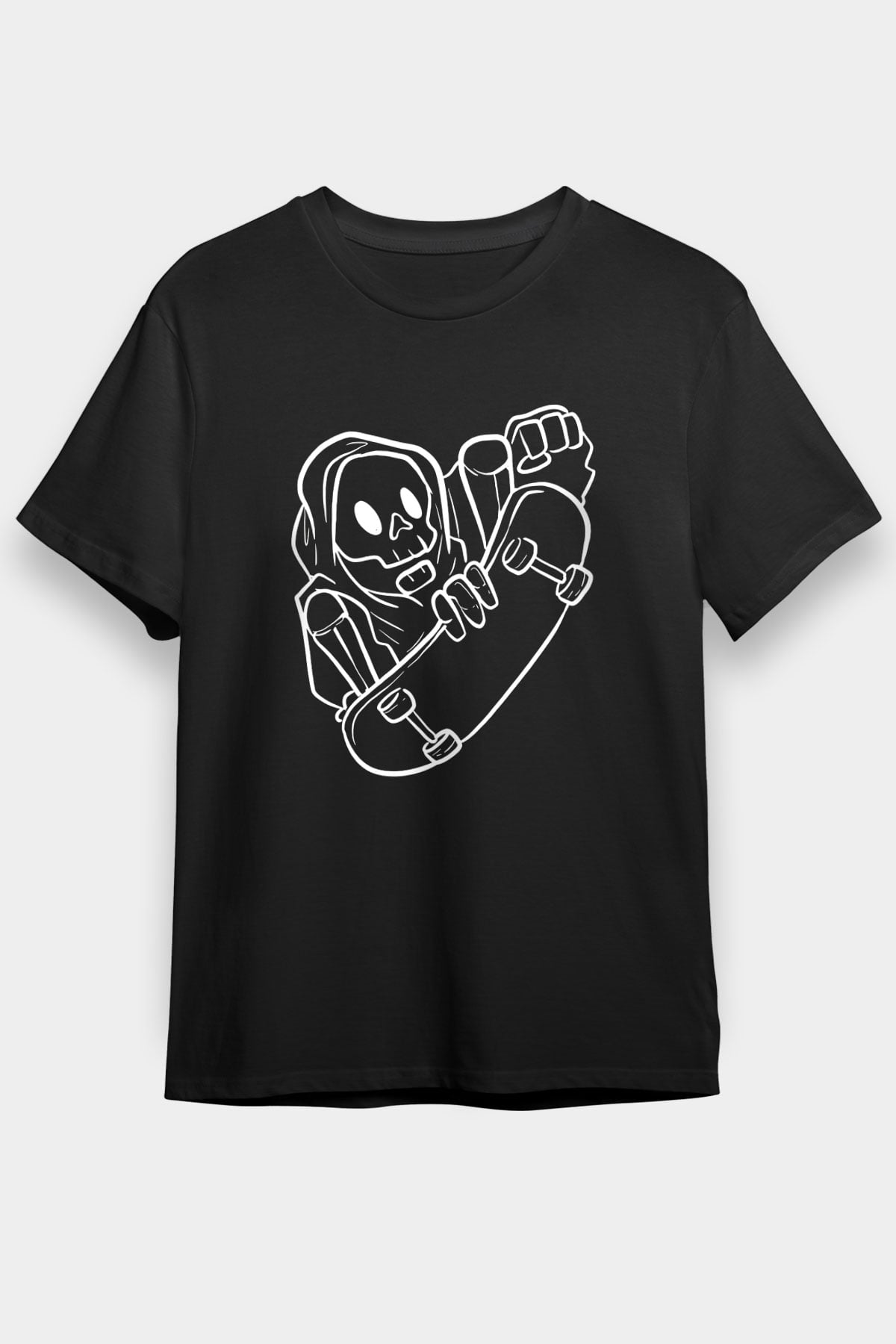 Kaykay - Skateboard Baskılı Unisex Siyah Tişört - Tshirt