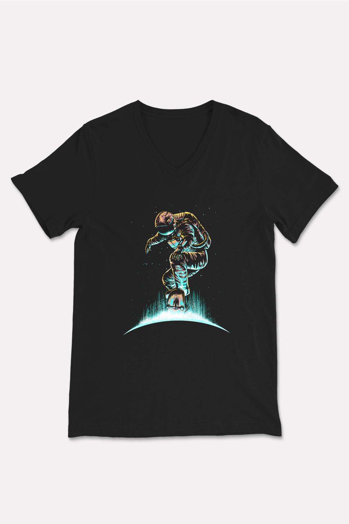 Kaykay - Skateboard Baskılı Unisex Siyah V Yaka Tişört