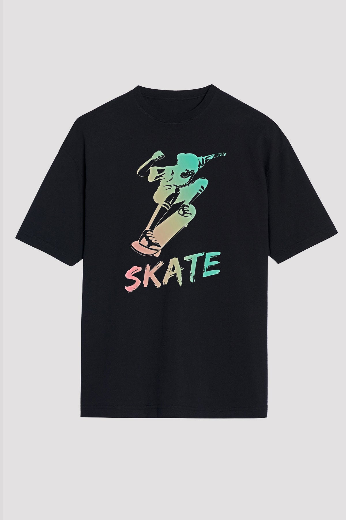 Kaykay - Skateboard Baskılı Unisex Siyah Oversize Tişört