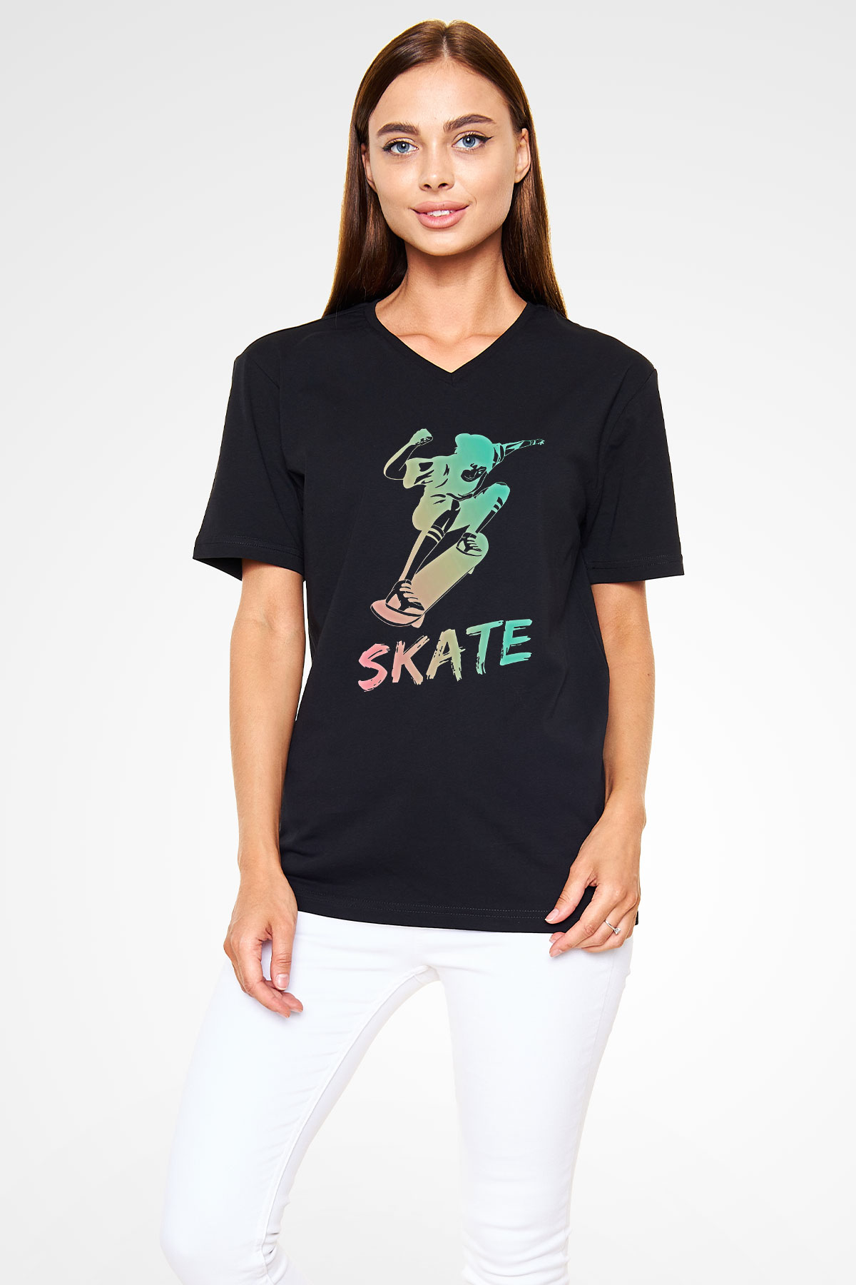 Kaykay - Skateboard Baskılı Unisex Siyah V Yaka Tişört