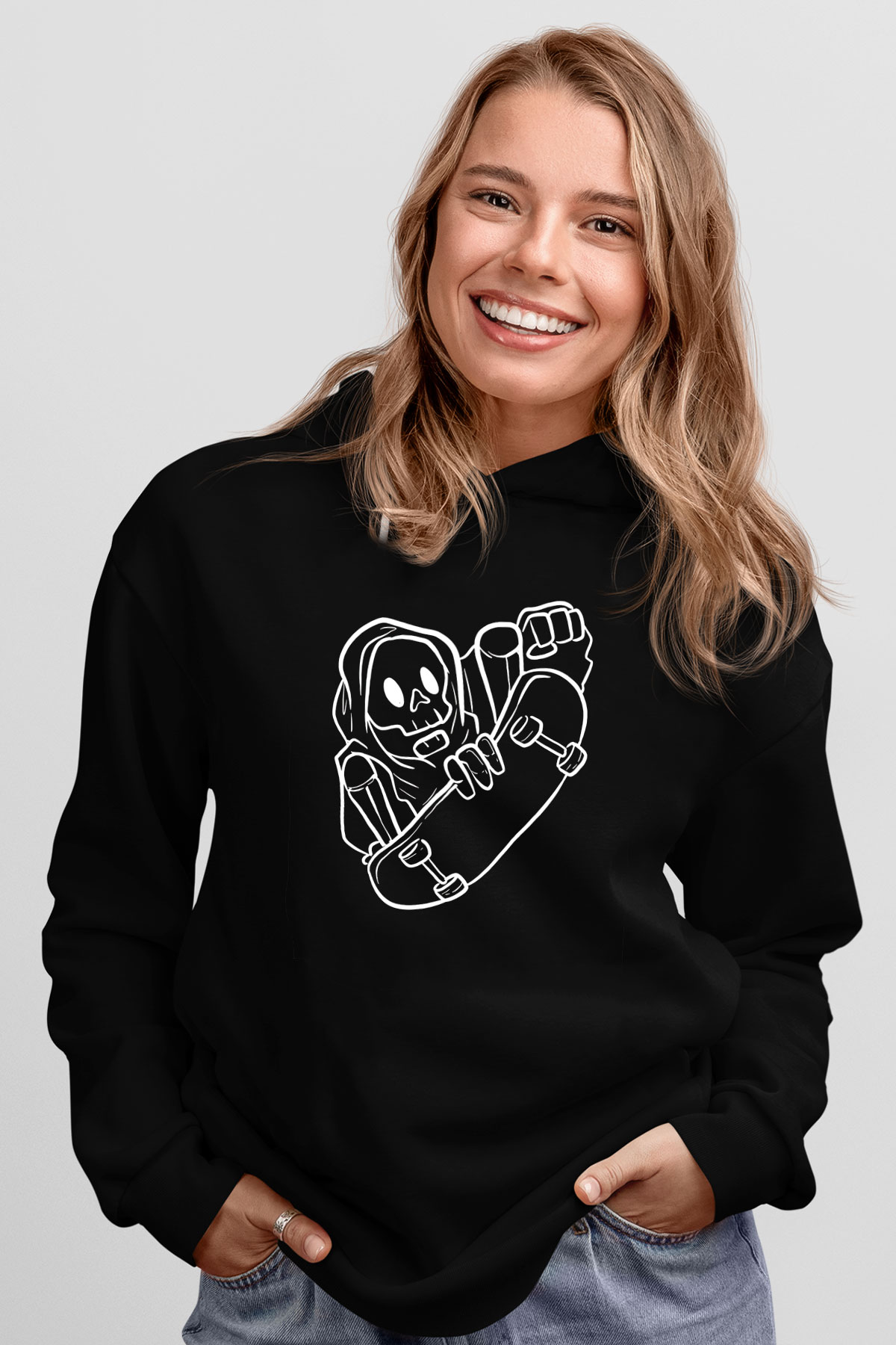 Kaykay - Skateboard Baskılı Unisex Siyah Hoodie