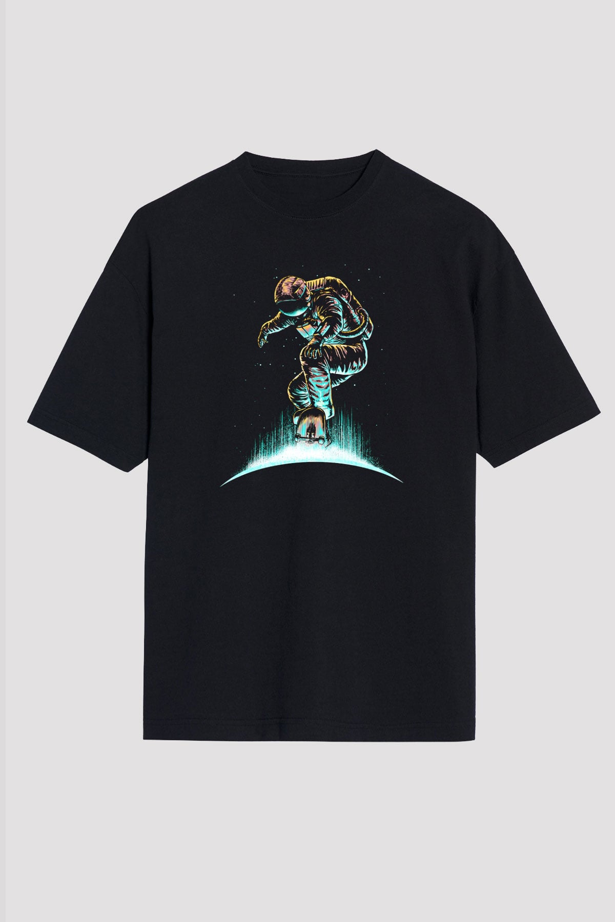 Kaykay - Skateboard Baskılı Unisex Siyah Oversize Tişört