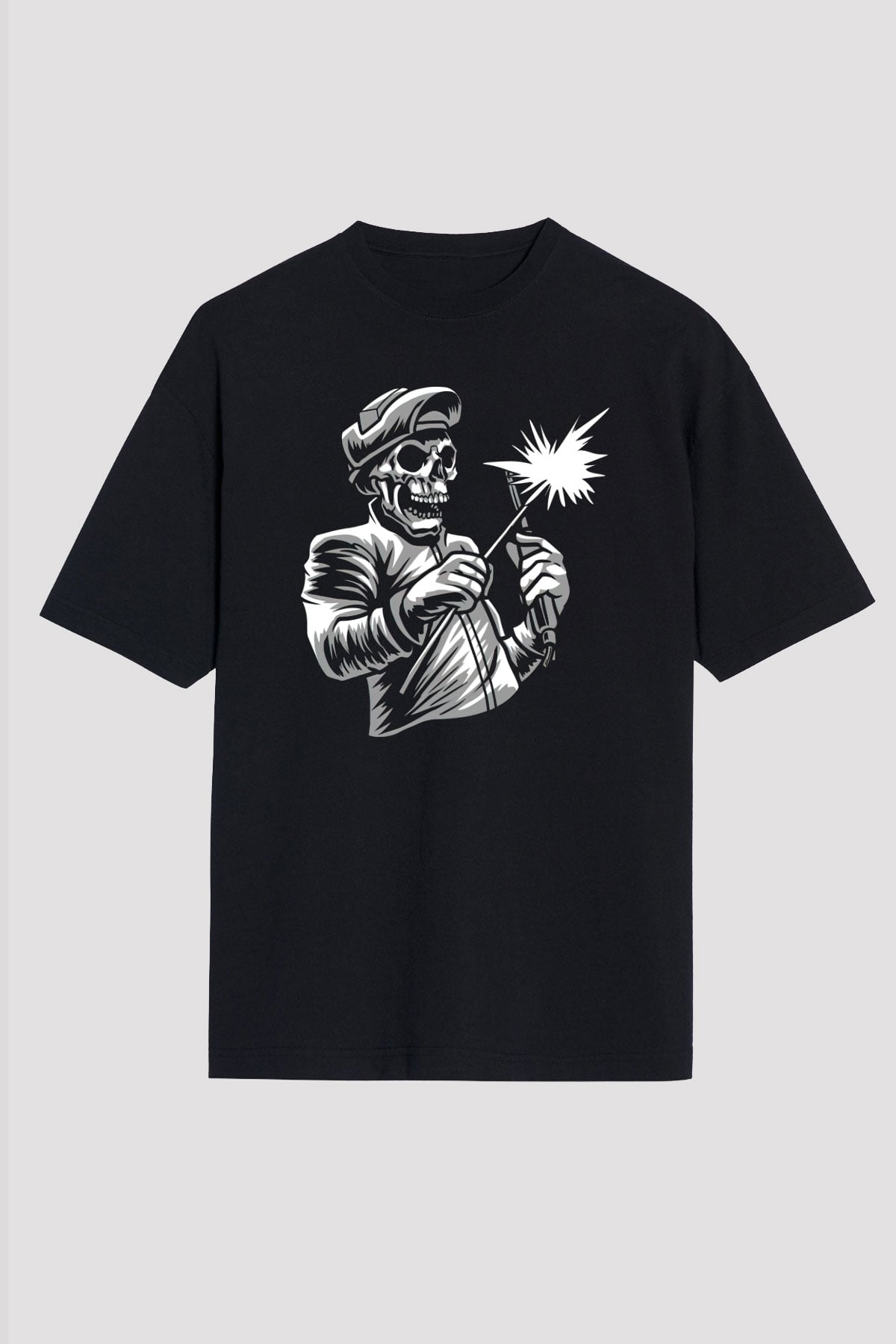 Kaynakçı İskelet Baskılı Unisex Siyah Tişört