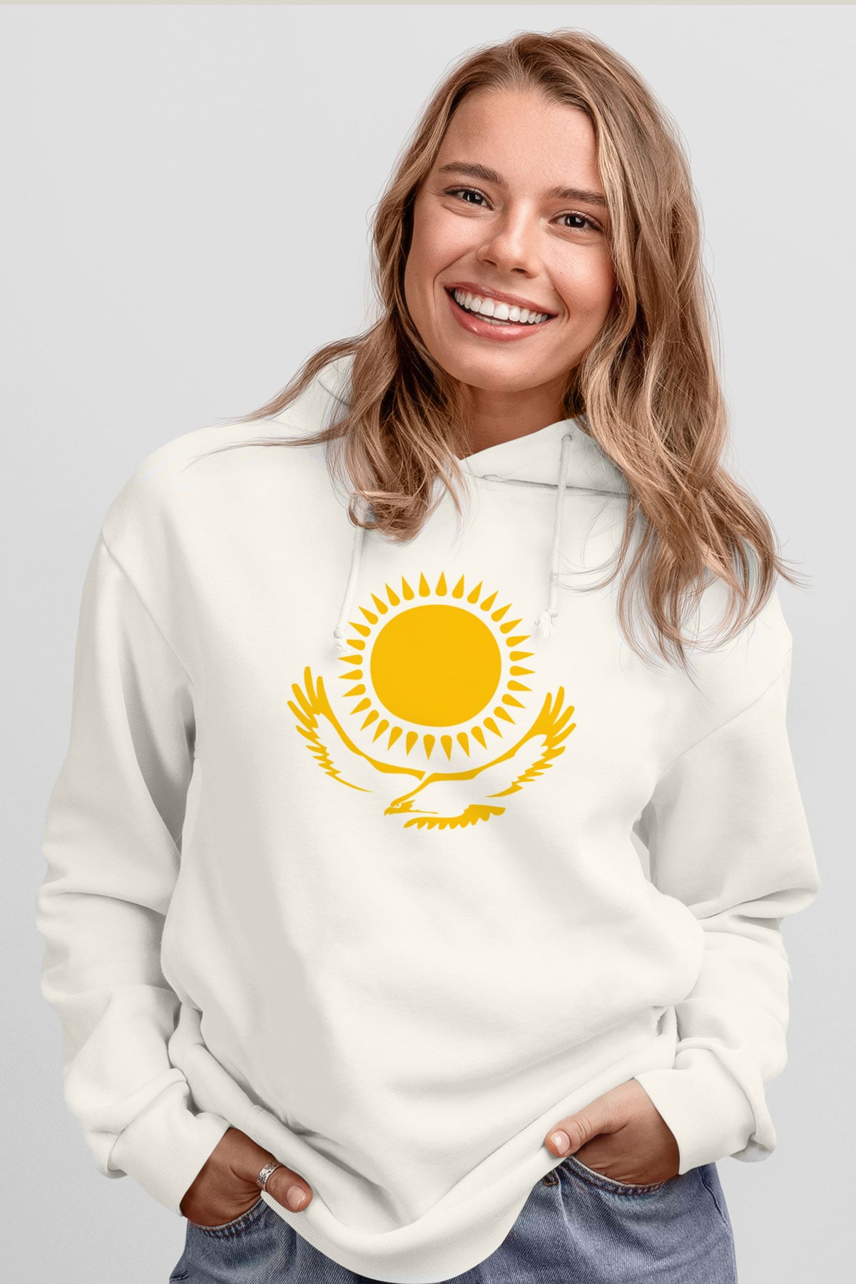 Kazakistan Beyaz Unisex Kapşonlu Sweatshirt
