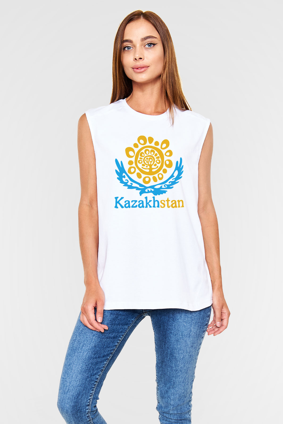 Kazakistan Beyaz Unisex Kolsuz Tişört