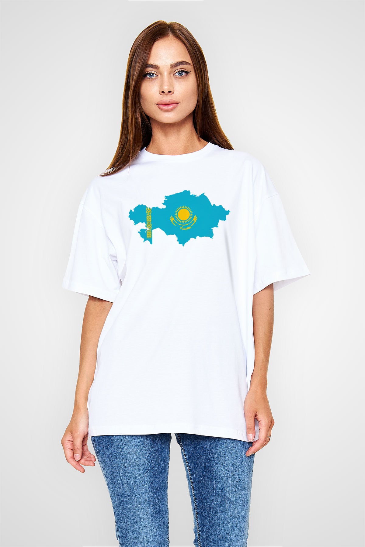 Kazakistan Beyaz Unisex Oversize Tişört T-Shirt