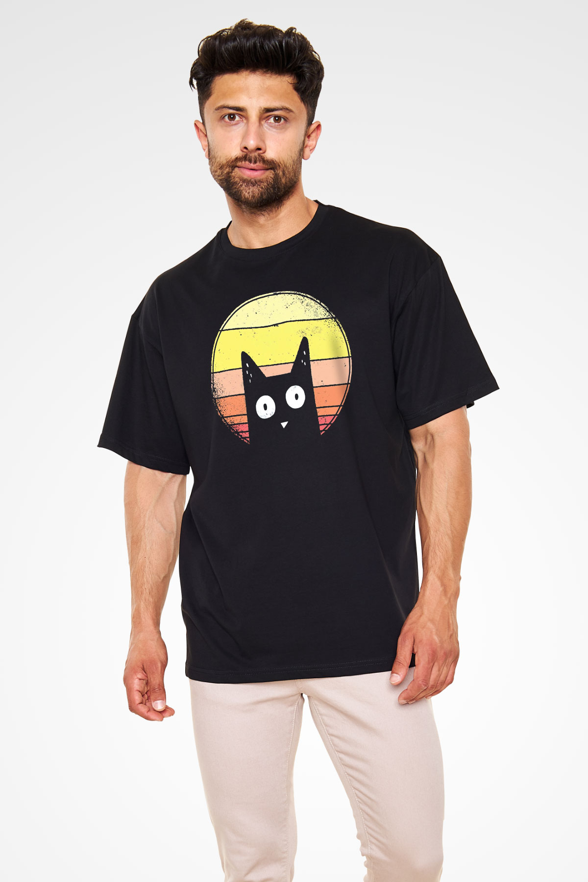 Kedi Baskılı Unisex Siyah Tshirt